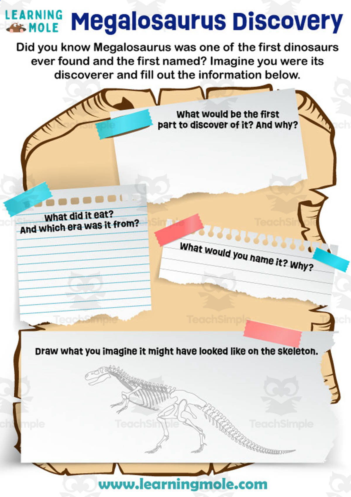 An educational teaching resource from Educational Voice entitled Megalosaurus Discovery Activity downloadable at Teach Simple.
