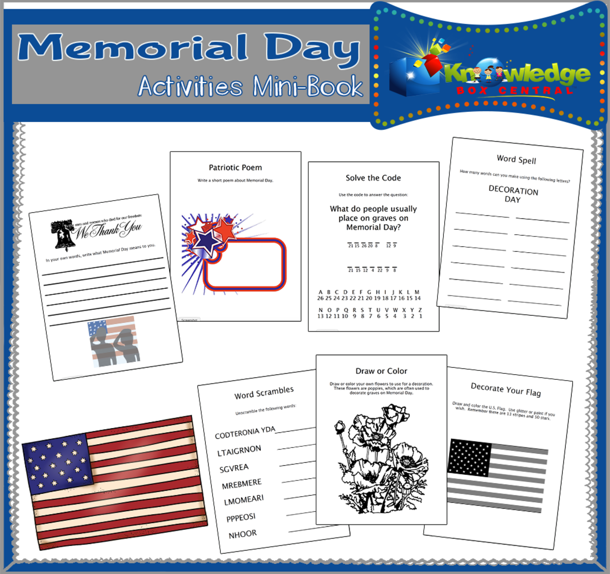 An educational teaching resource from Knowledge Box Central entitled Memorial Day Activities Mini-Book - EBOOK downloadable at Teach Simple.