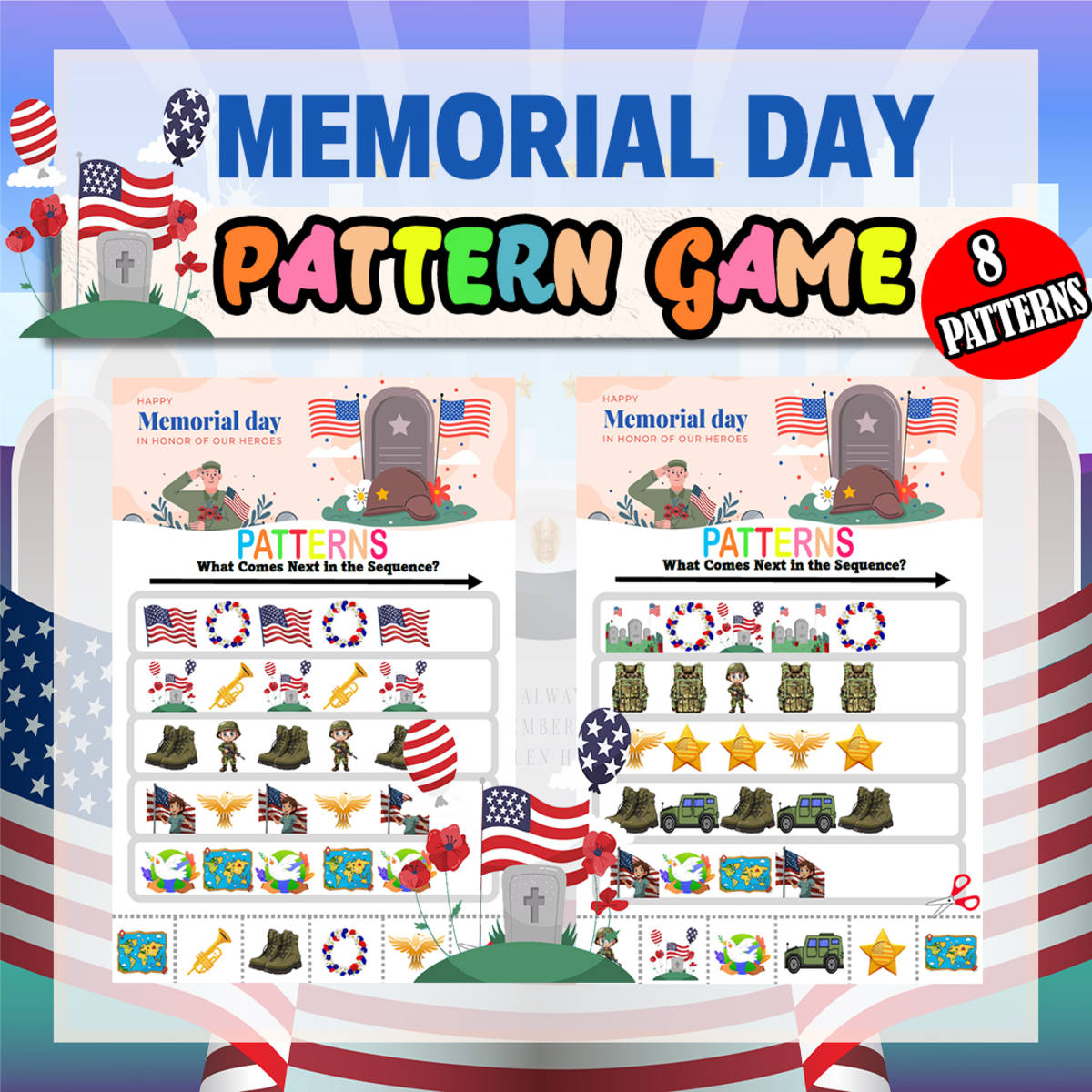 An educational teaching resource from Bambolina55 entitled Memorial Day Finish the Pattern Worksheets Activity Puzzles for Pre an downloadable at Teach Simple.