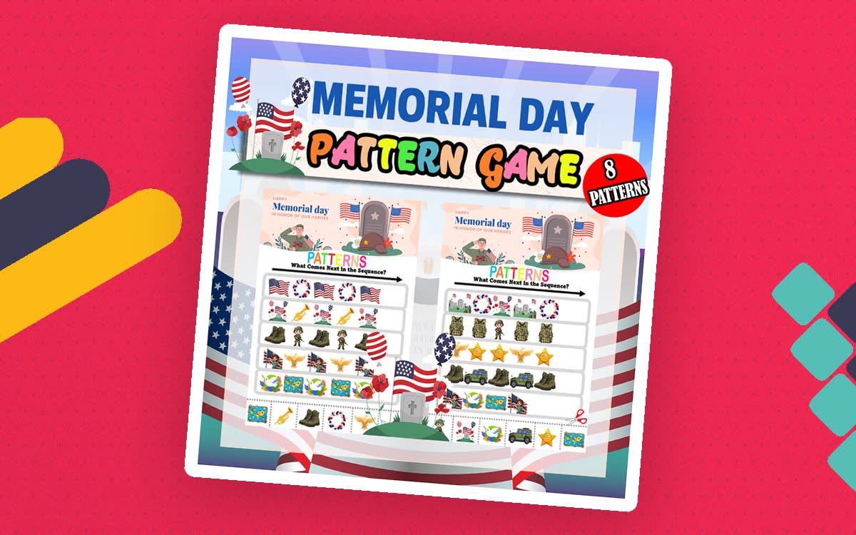 An educational teaching resource from Bambolina55 entitled Memorial Day Finish the Pattern Worksheets Activity Puzzles for Pre an downloadable at Teach Simple.