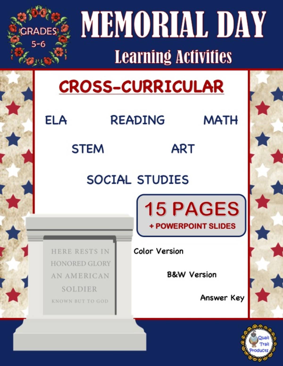 An educational teaching resource from Quail Trail Products entitled Memorial Day Learning Activities downloadable at Teach Simple.