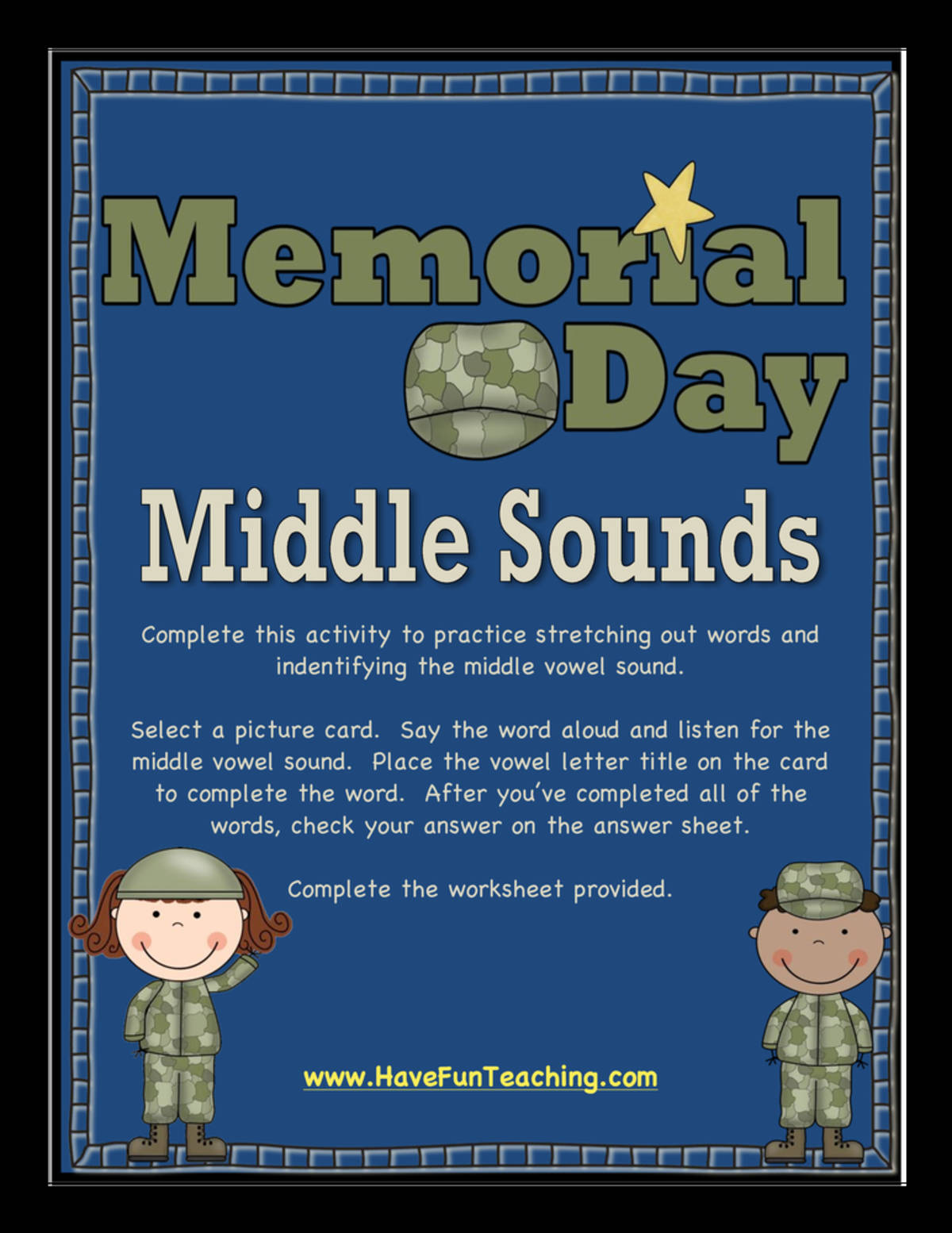 An educational teaching resource from Have Fun Teaching entitled Memorial Day Middle Sounds Activity downloadable at Teach Simple.