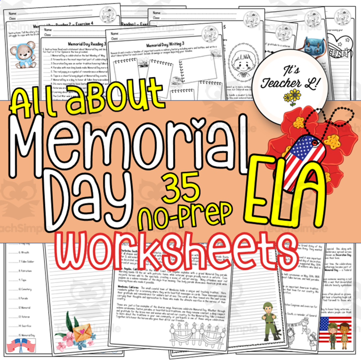 An educational teaching resource from It's Teacher L entitled Memorial Day No-Prep ELA Worksheets 4th 5th 6th Grade 4 5 6 downloadable at Teach Simple.