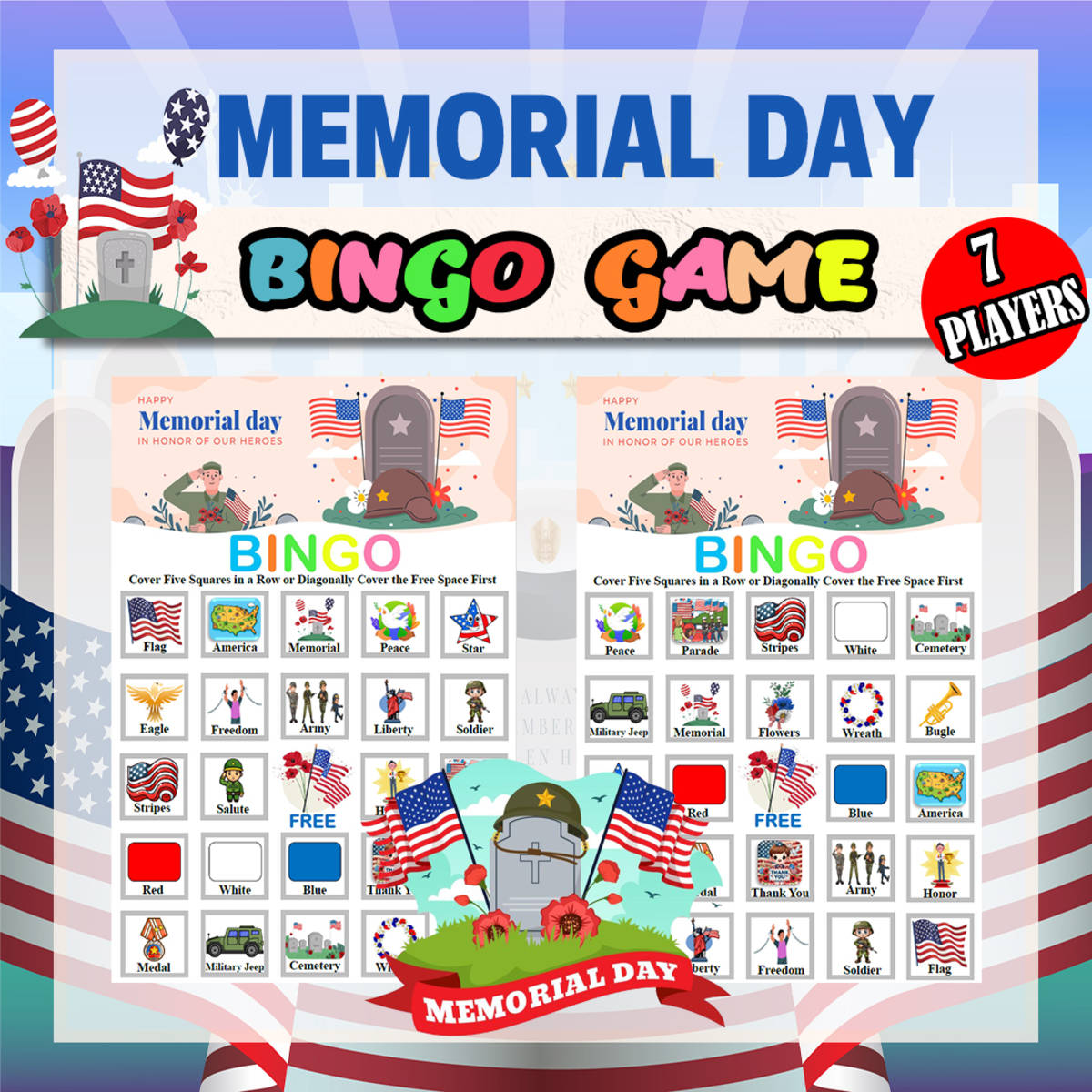An educational teaching resource from Bambolina55 entitled Memorial Day, Patriotic Bingo Game Fun Engaging Activitiy for K to 4th downloadable at Teach Simple.