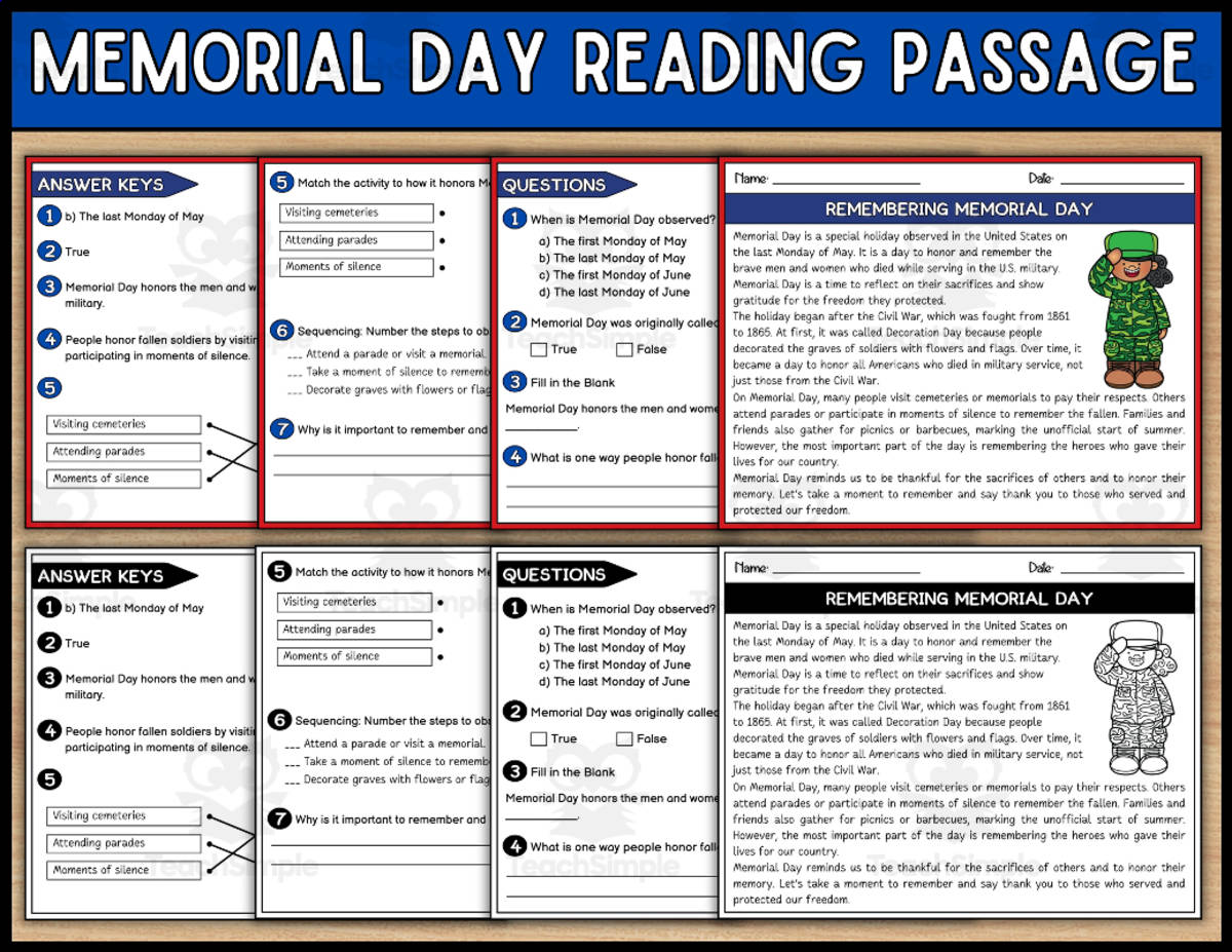 An educational teaching resource from Wonderland School entitled Memorial Day Reading Comprehension Passage and Questions downloadable at Teach Simple.