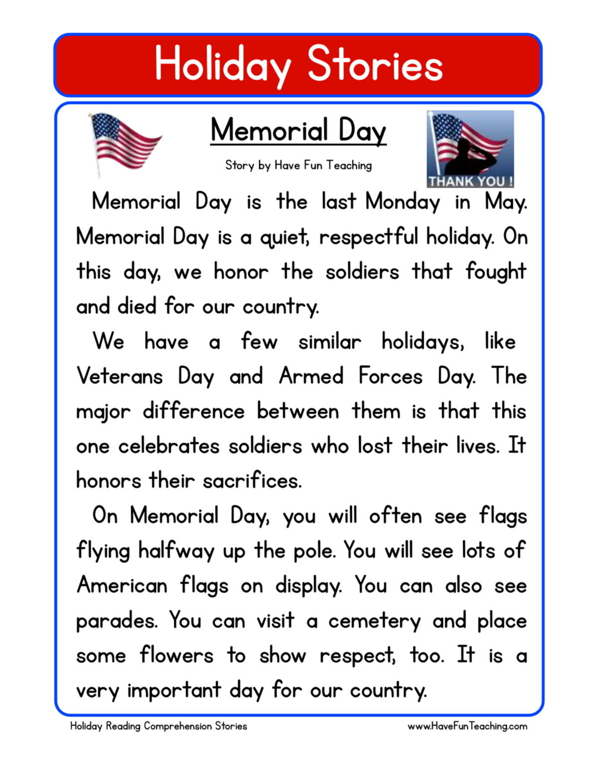 An educational teaching resource from Have Fun Teaching entitled Memorial Day Reading Comprehension Worksheet downloadable at Teach Simple.