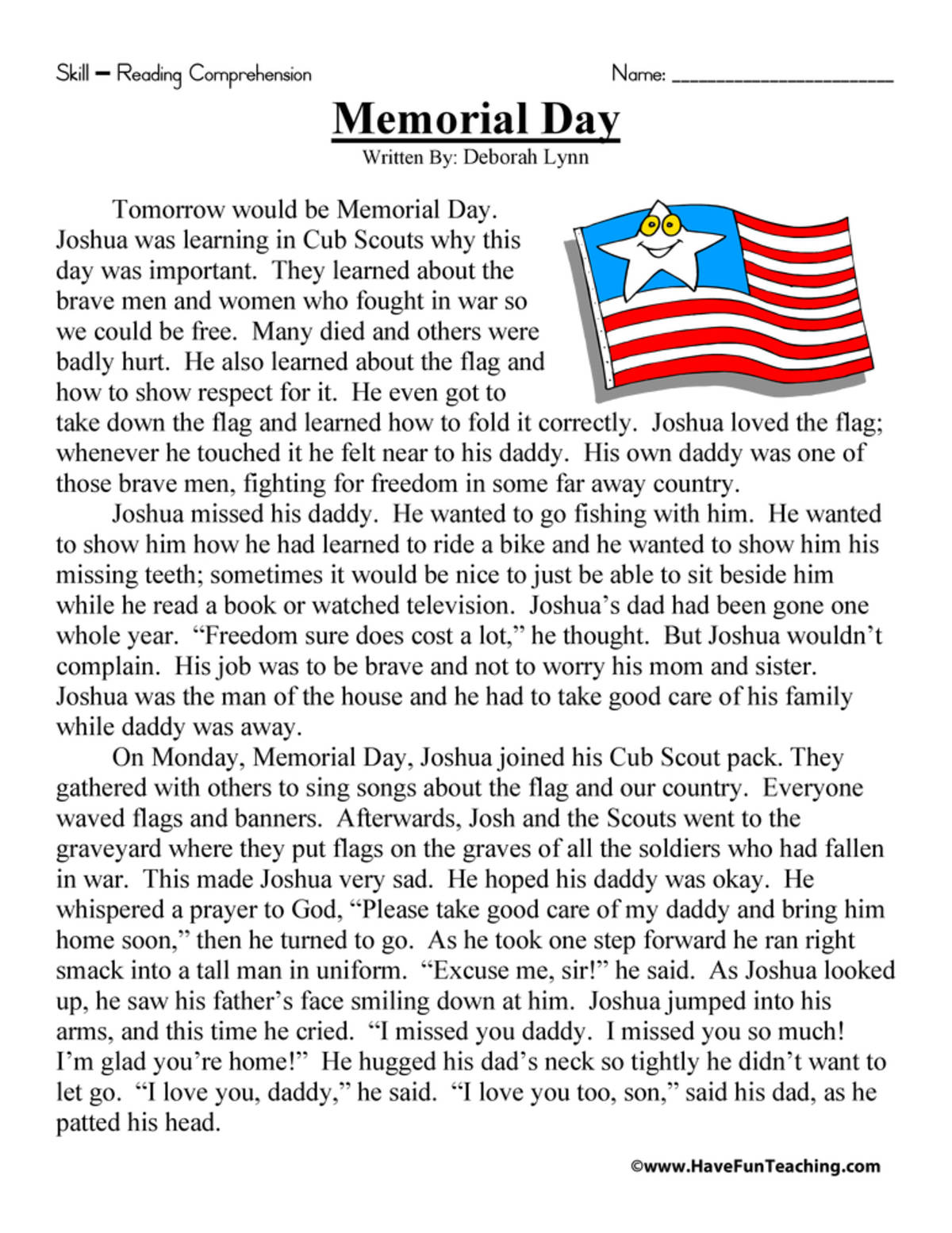 An educational teaching resource from Have Fun Teaching entitled Memorial Day Story Reading Comprehension Worksheet downloadable at Teach Simple.