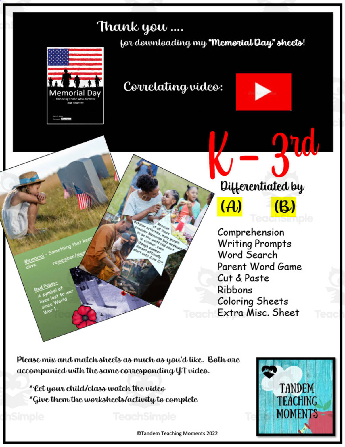 An educational teaching resource from Tandem Teaching Moments entitled Memorial Day Worksheet Packet downloadable at Teach Simple.