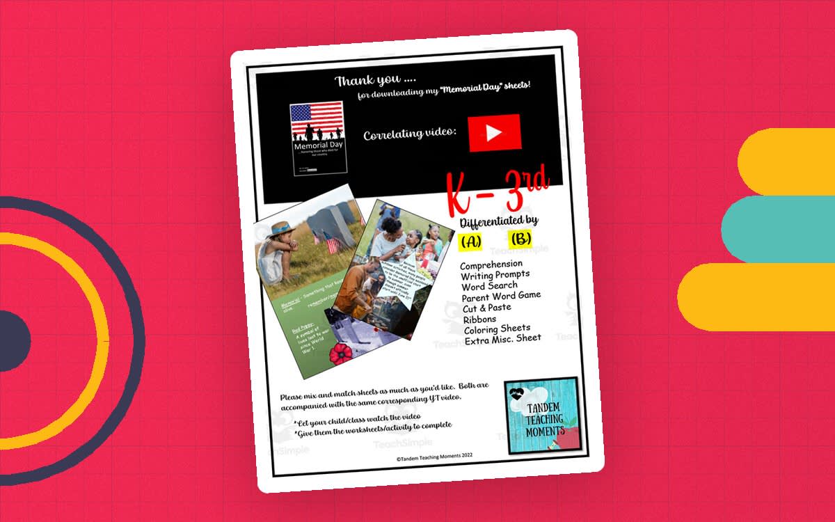 An educational teaching resource from Tandem Teaching Moments entitled Memorial Day Worksheet Packet downloadable at Teach Simple.