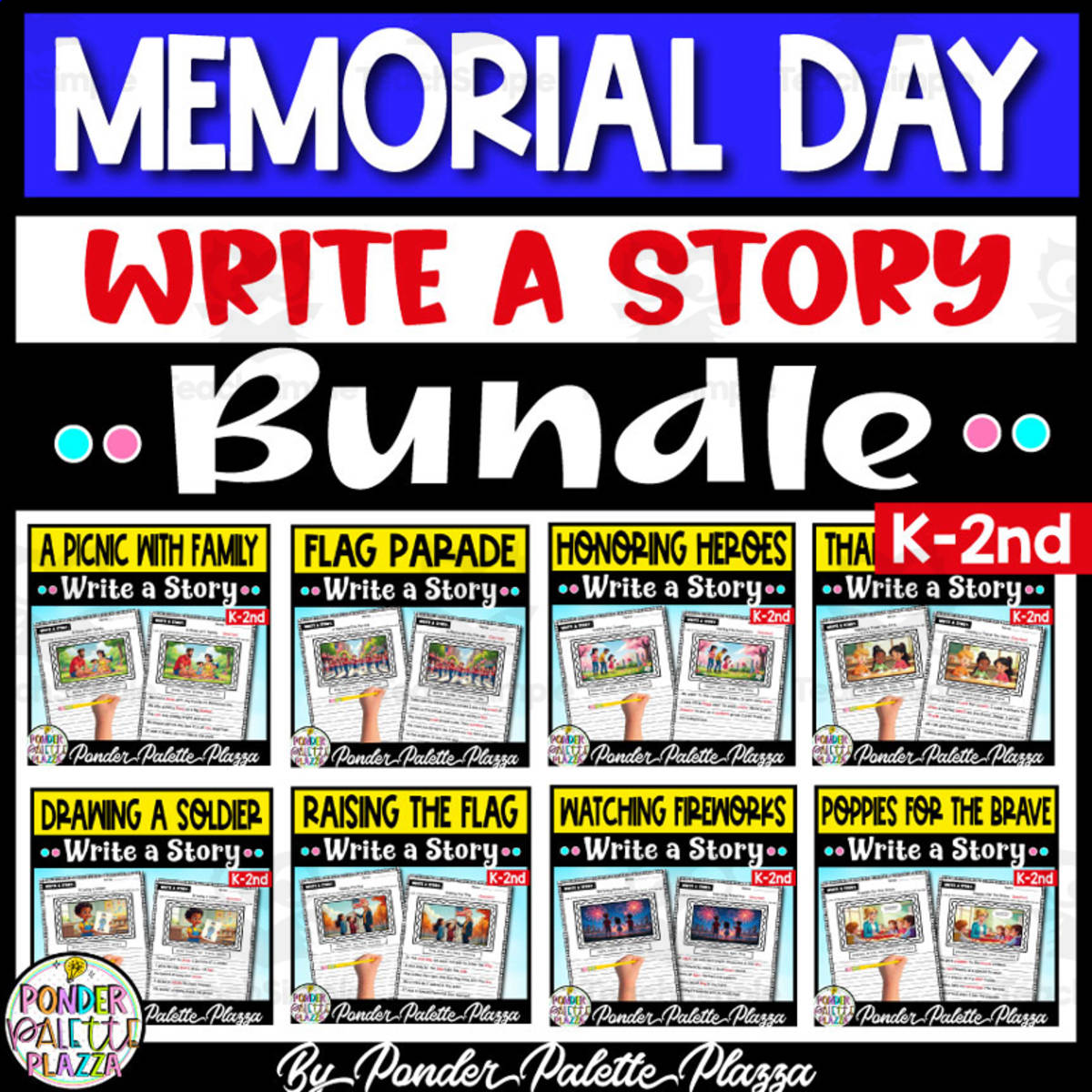 An educational teaching resource from Ponder Palette Plazza entitled Memorial Day Write a Story Activity + Solution downloadable at Teach Simple.