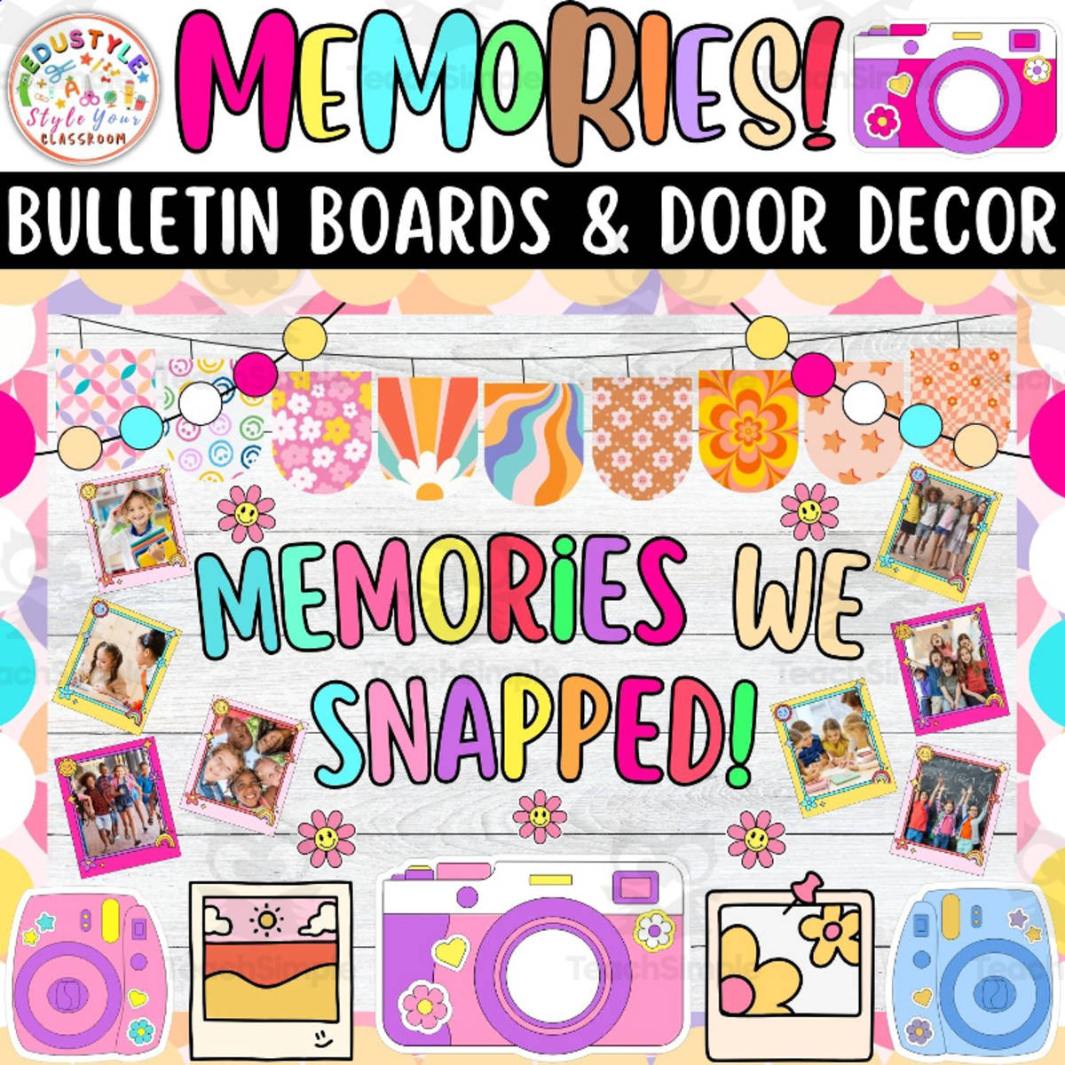 An educational teaching resource from Style Your Classroom entitled Memories We Snapped!: Summer Memories Bulletin boards & door Decor kit downloadable at Teach Simple.