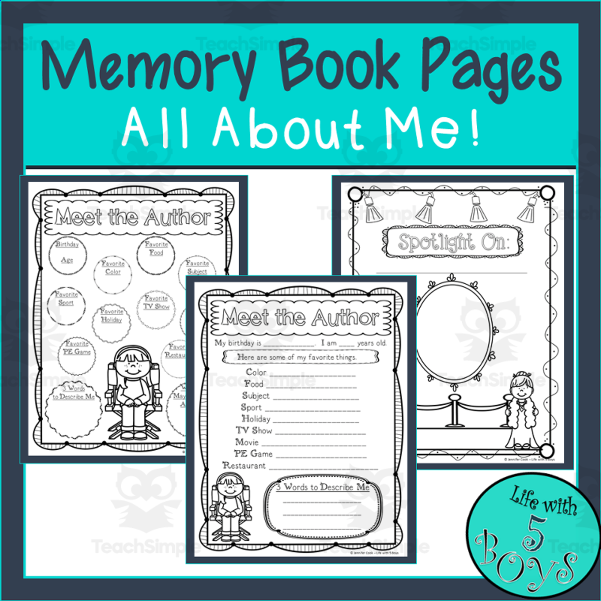 An educational teaching resource from Life with 5 Boys entitled Memory Book Pages - All About Me! downloadable at Teach Simple.