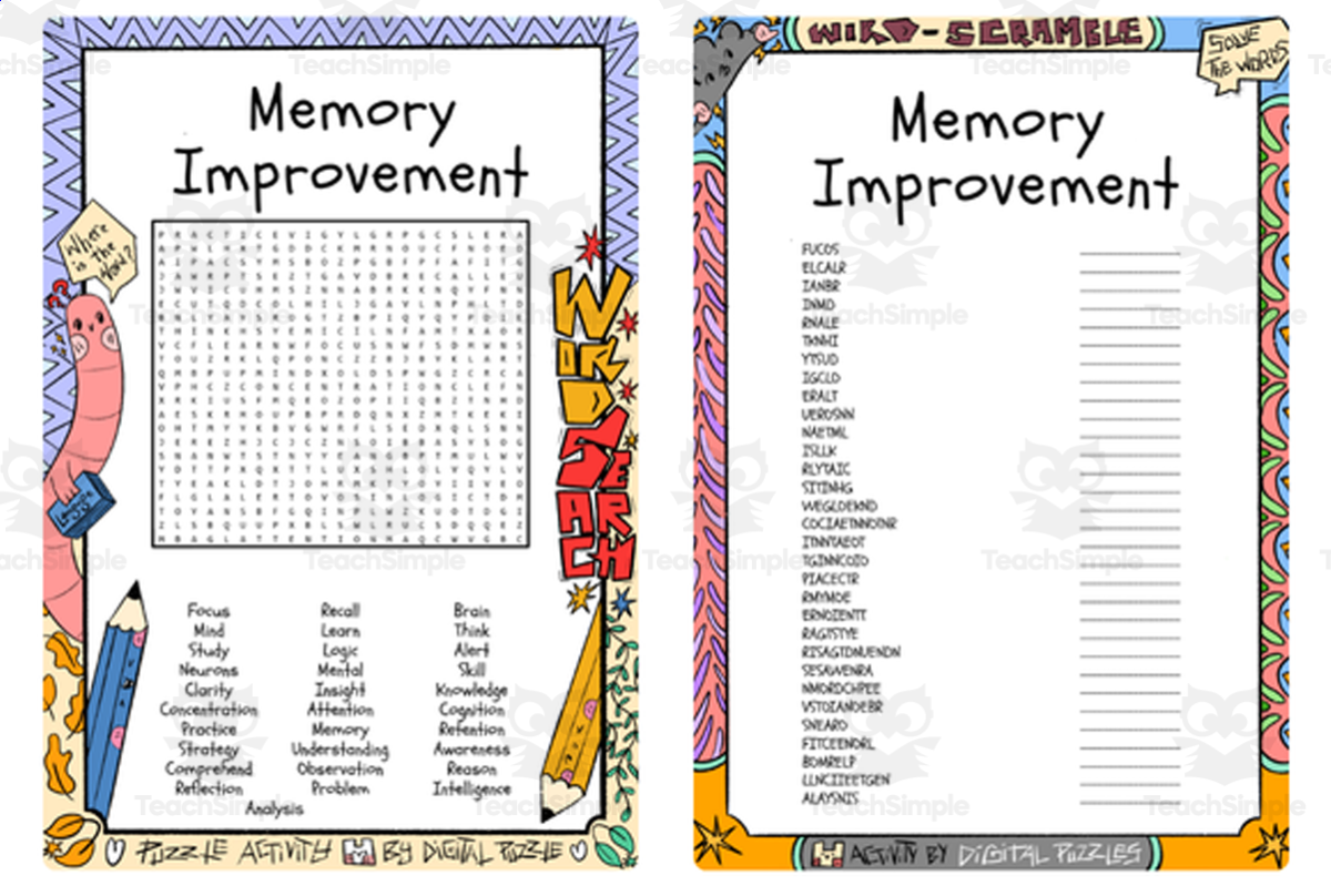 An educational teaching resource from Lapiiin Art Activities entitled Memory Improvement word search & scramble downloadable at Teach Simple.