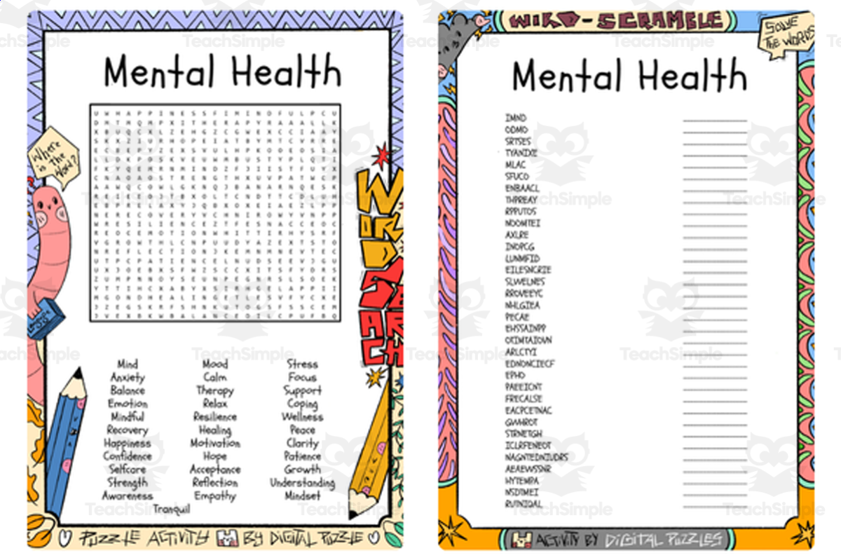 An educational teaching resource from Lapiiin Art Activities entitled Mental Health word search & scramble downloadable at Teach Simple.