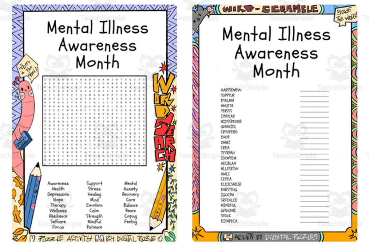 An educational teaching resource from Lapiiin Art Activities entitled Mental Illness Awareness Month word search & scramble downloadable at Teach Simple.