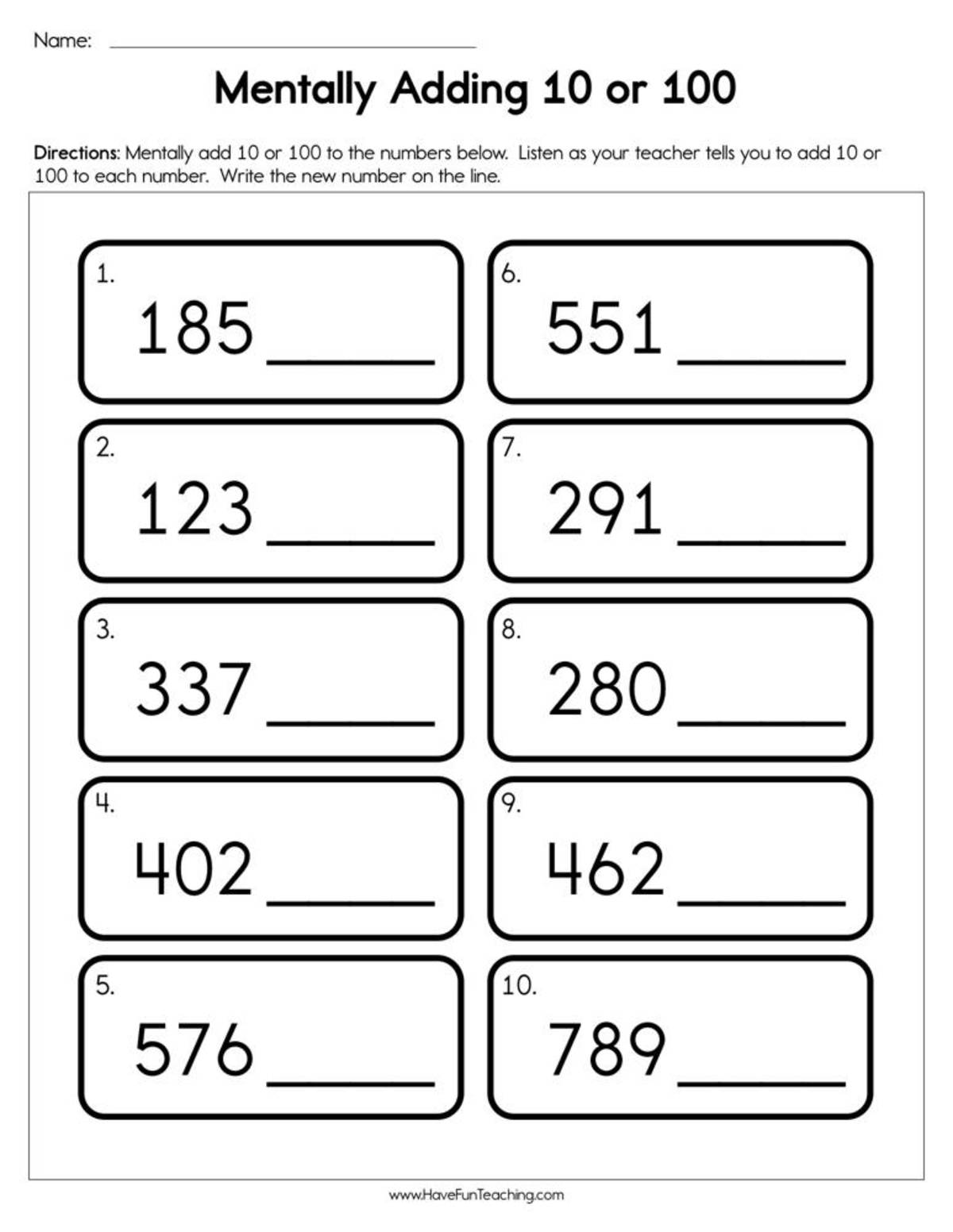 An educational teaching resource from Have Fun Teaching entitled Mentally Adding 10 or 100 Worksheet downloadable at Teach Simple.