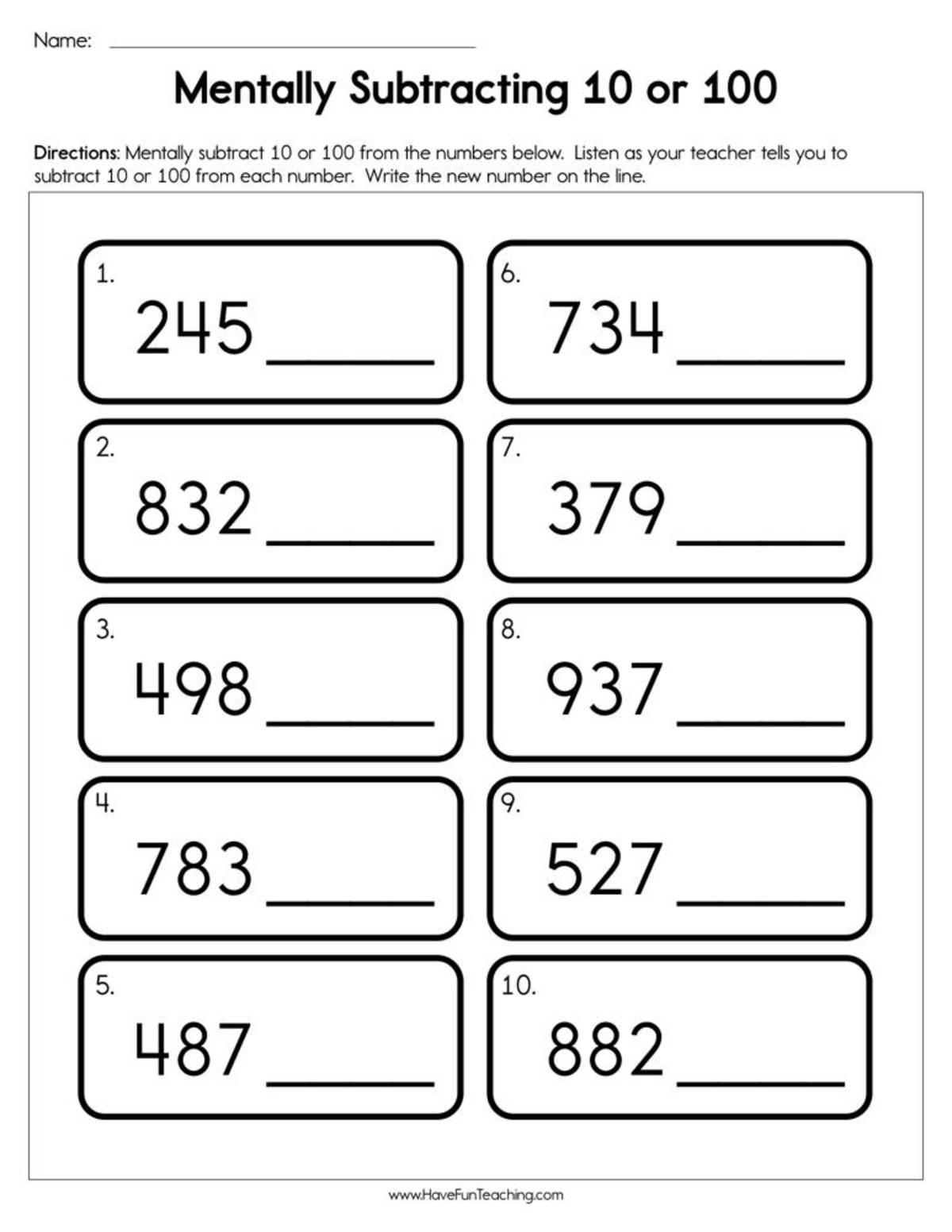 An educational teaching resource from Have Fun Teaching entitled Mentally Subtracting 10 or 100 Worksheet downloadable at Teach Simple.