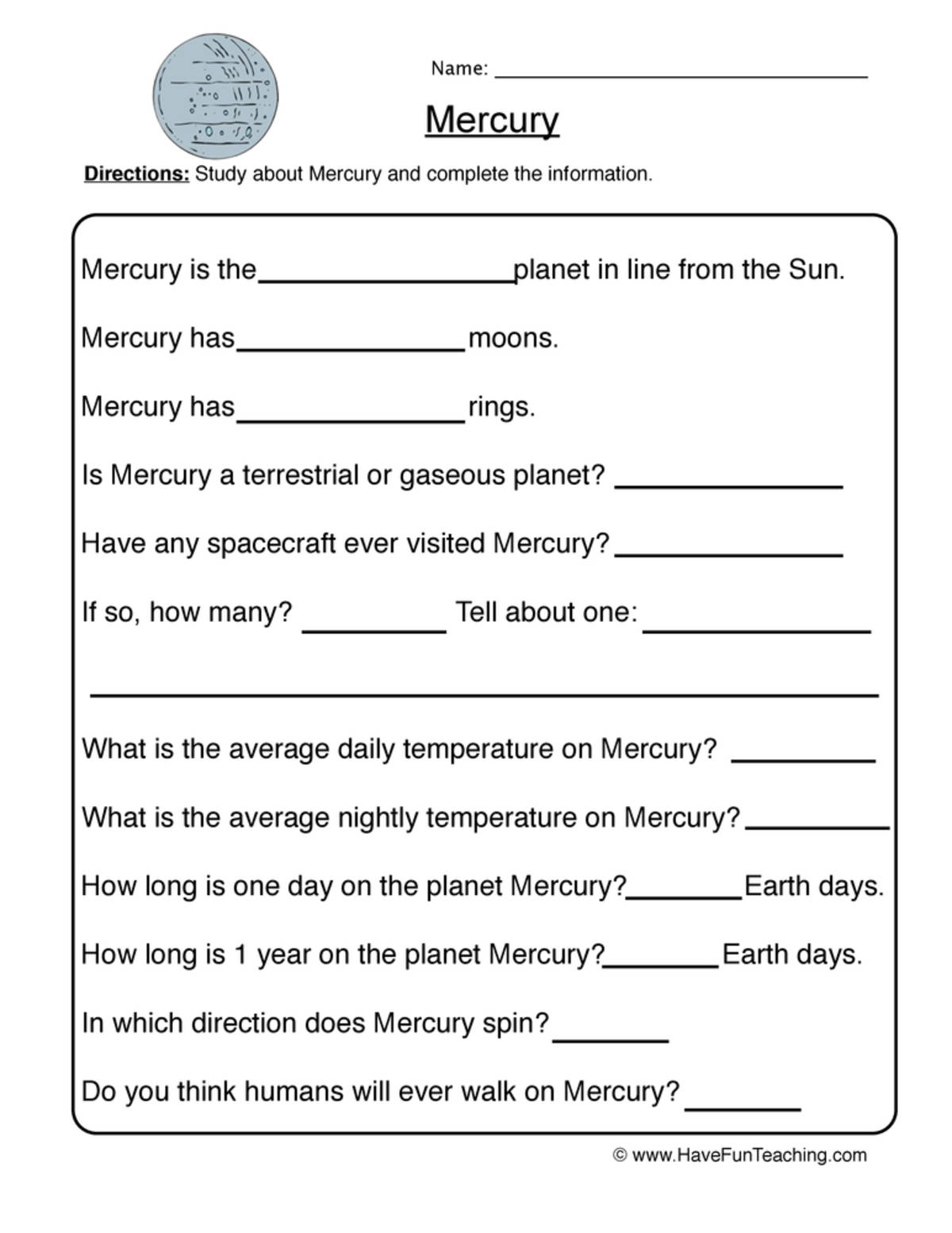 An educational teaching resource from Have Fun Teaching entitled Mercury Planet Worksheet downloadable at Teach Simple.