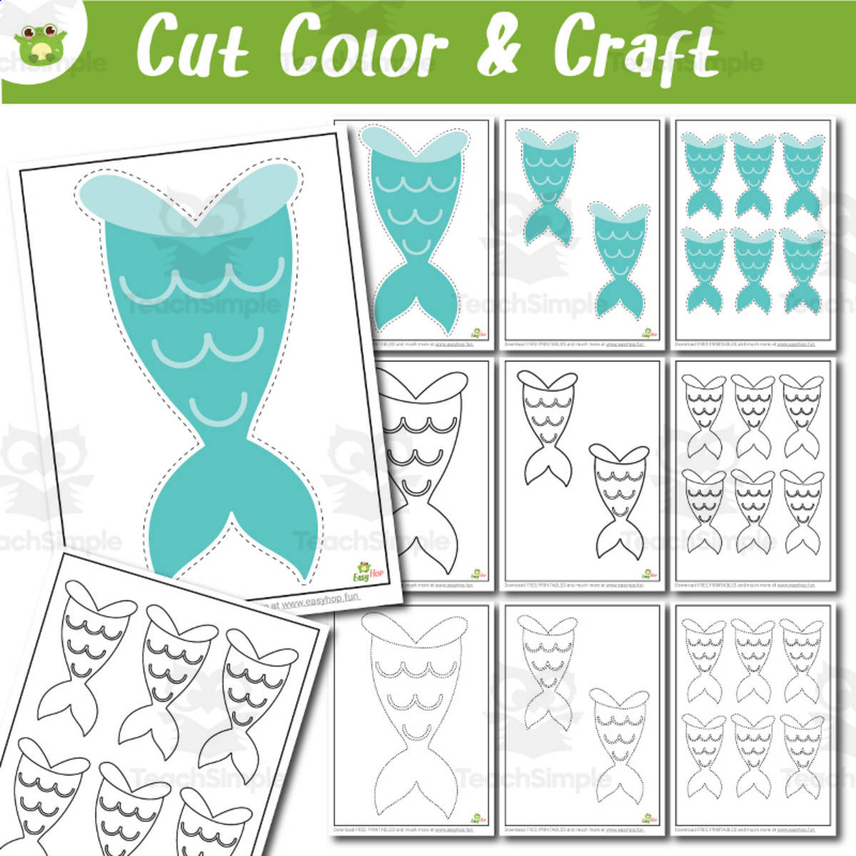 An educational teaching resource from EasyHop entitled Mermaid Tail Template Activity Set | Cutting, Coloring & Tracing Prek downloadable at Teach Simple.