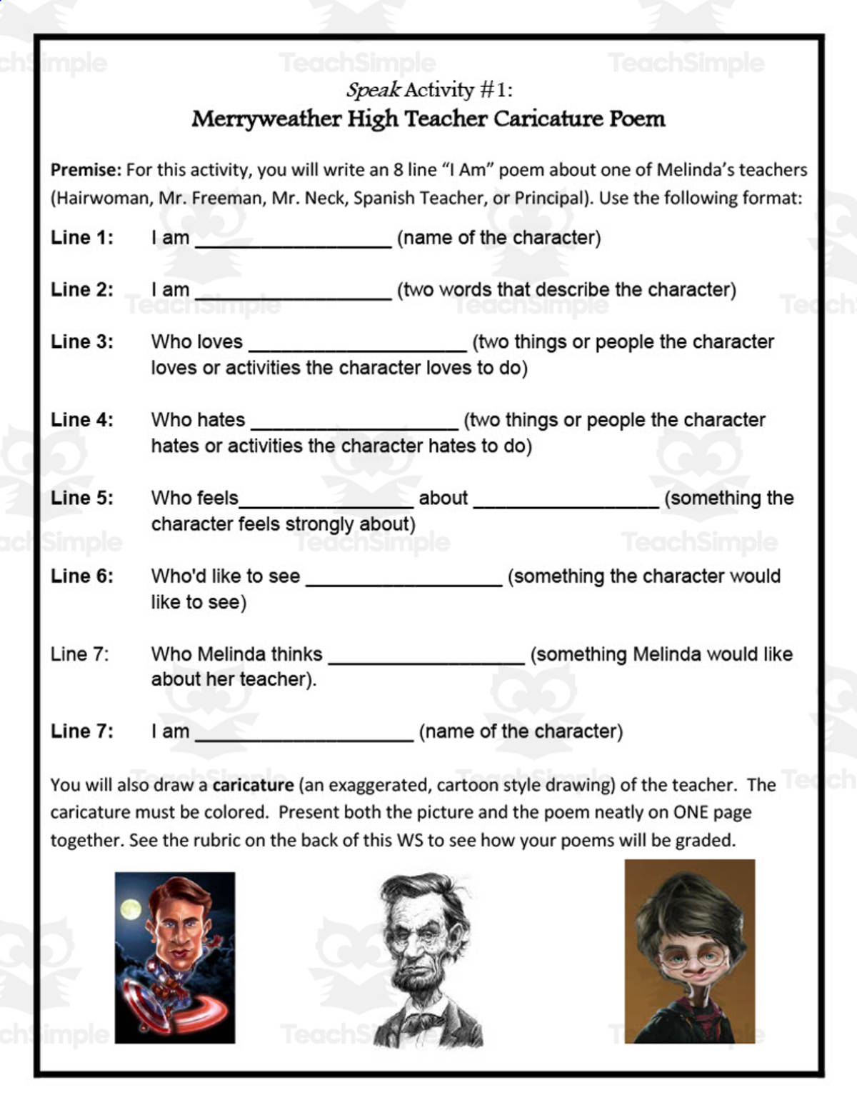 An educational teaching resource from Time Thrifty Teacher entitled Merryweather High Teacher Caricature Poem Assignment downloadable at Teach Simple.