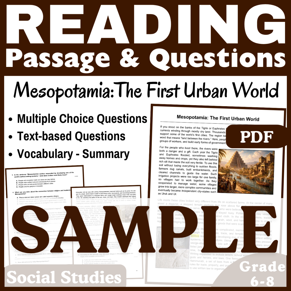 An educational teaching resource from CORED Education - Middle & High School entitled Mesopotamia: SAMPLE Social Studies Reading Comprehension Passage downloadable at Teach Simple.
