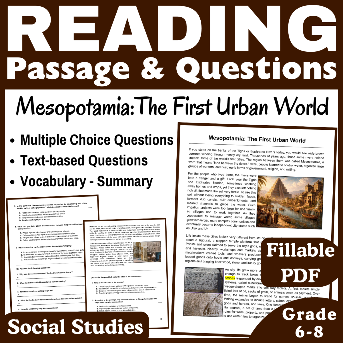 An educational teaching resource from CORED Education - Middle & High School entitled Mesopotamia Social Studies Reading Comprehension Passage. Fillable PDF downloadable at Teach Simple.