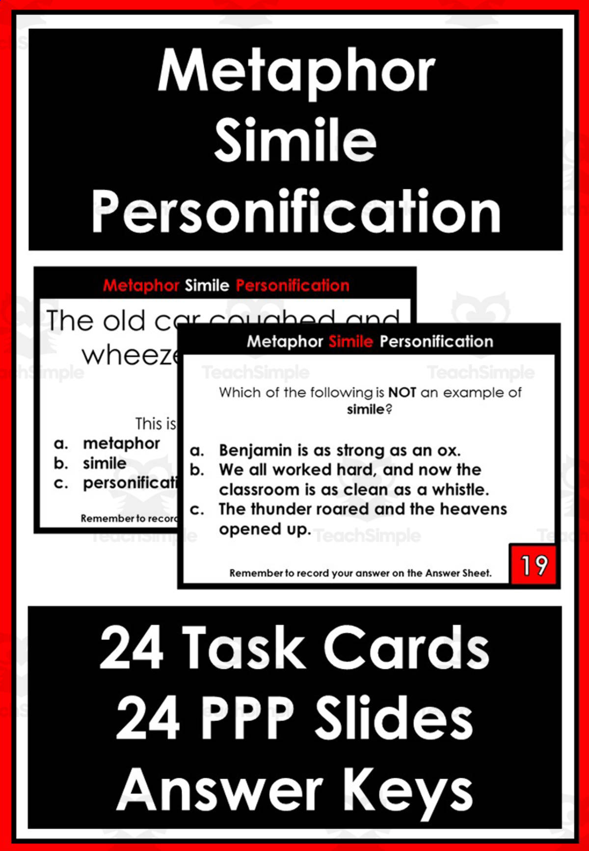 An educational teaching resource from Mr Smith's Stuff entitled Metaphor Simile Personification 24 Task Cards 24 Powerpoint Slides downloadable at Teach Simple.