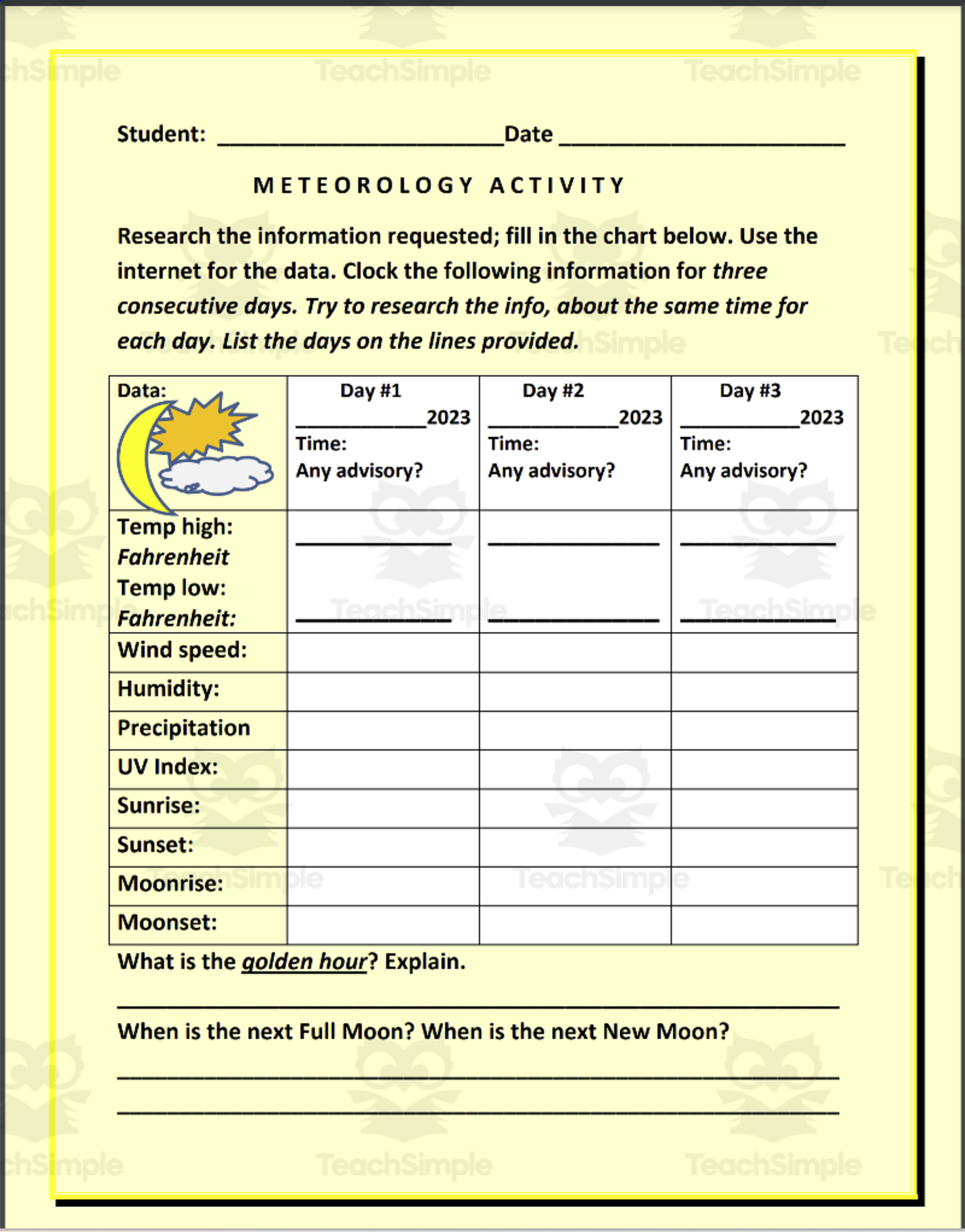 An educational teaching resource from THE LANTERN OF KNOWLEDGE entitled Meteorology Activity downloadable at Teach Simple.