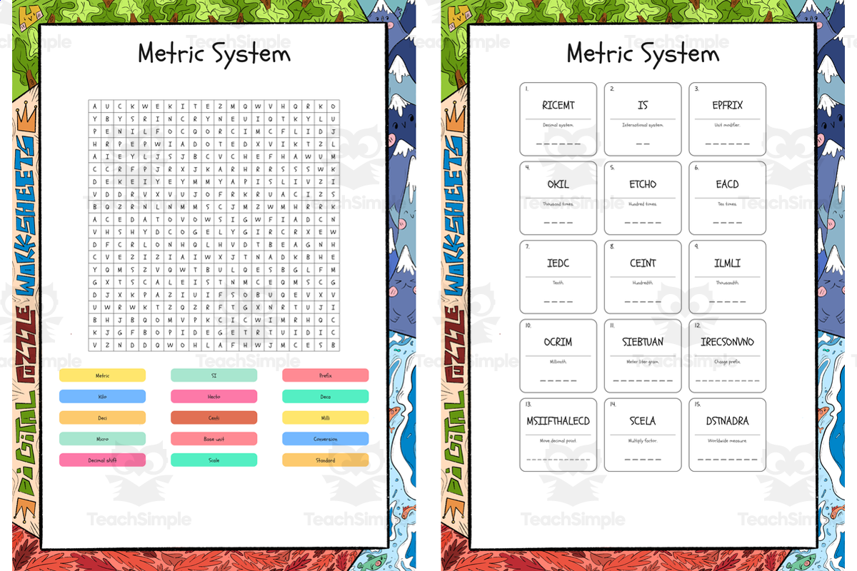 An educational teaching resource from Lapiiin Art Activities entitled Metric System word search, scramble and crossword puzzle downloadable at Teach Simple.