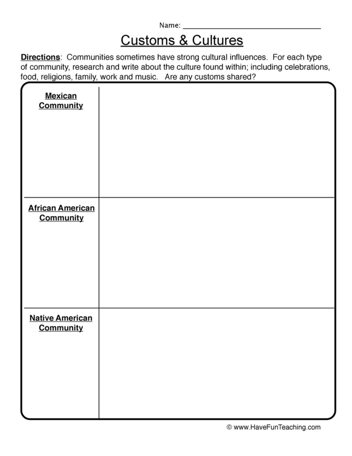 An educational teaching resource from Have Fun Teaching entitled Mexican, African American, Native American Customs and Cultures Worksheet downloadable at Teach Simple.