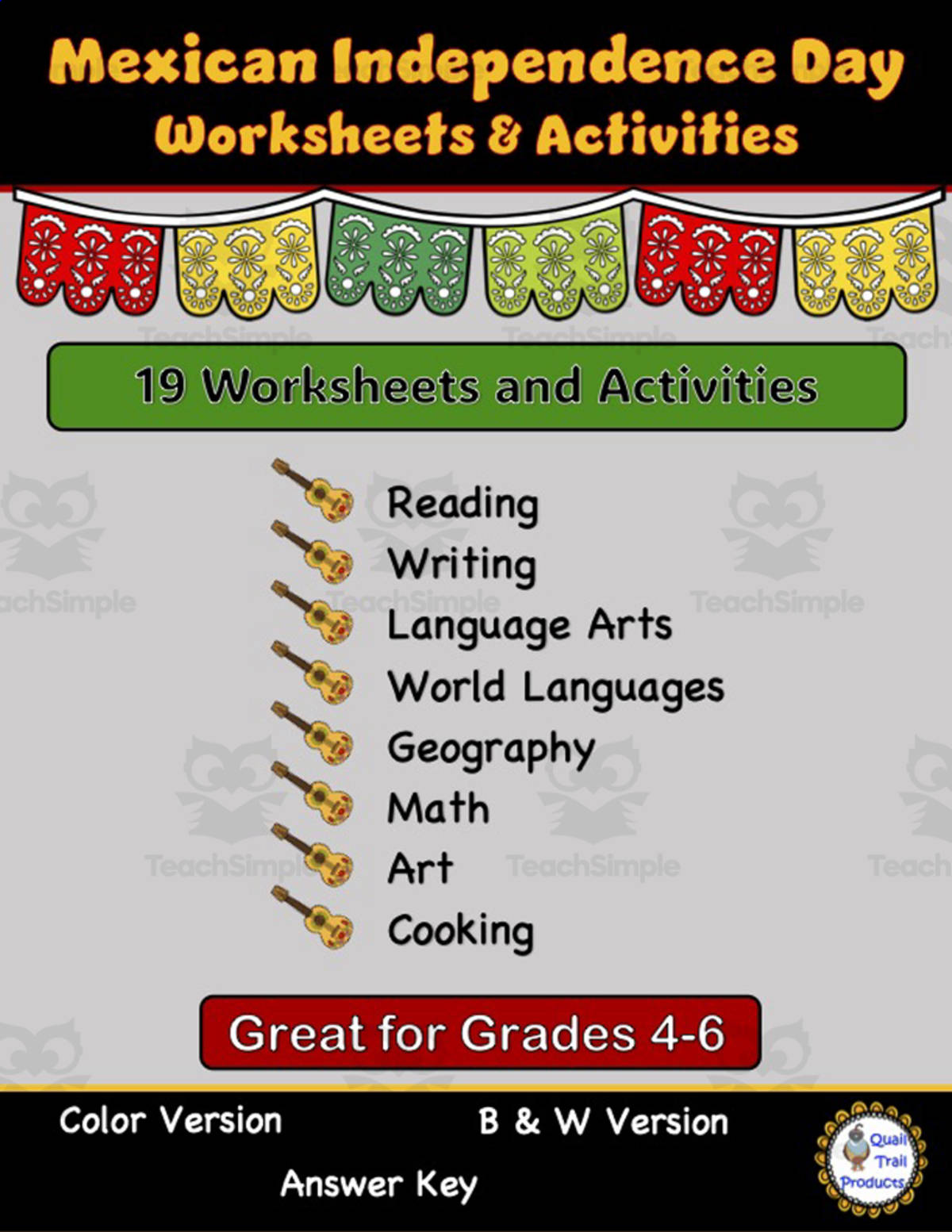 An educational teaching resource from Quail Trail Products entitled Mexican Independence Day Learning Activities and Worksheets downloadable at Teach Simple.