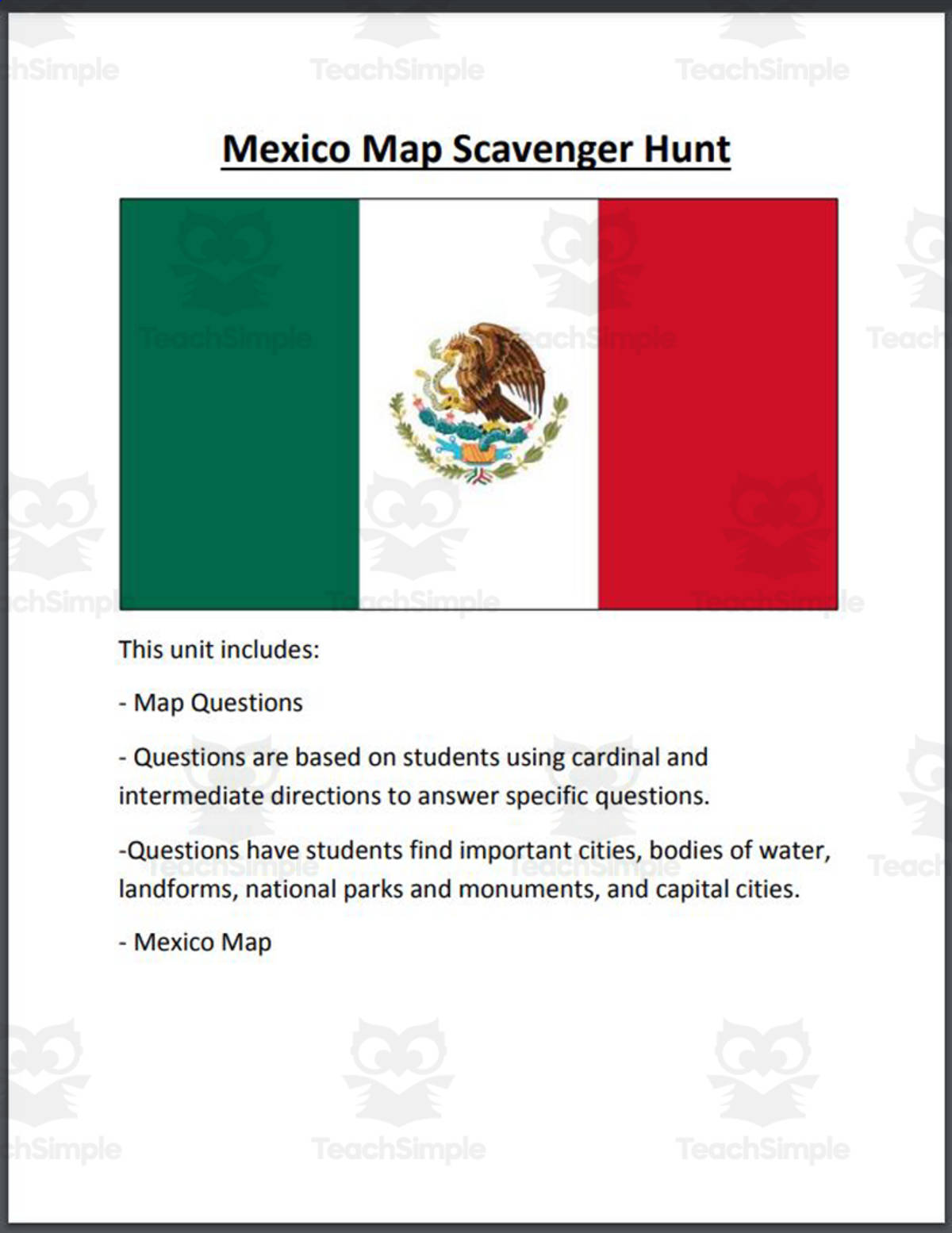 An educational teaching resource from Mr. Matthews Teacher Store entitled Mexico Map Scavenger Hunt downloadable at Teach Simple.