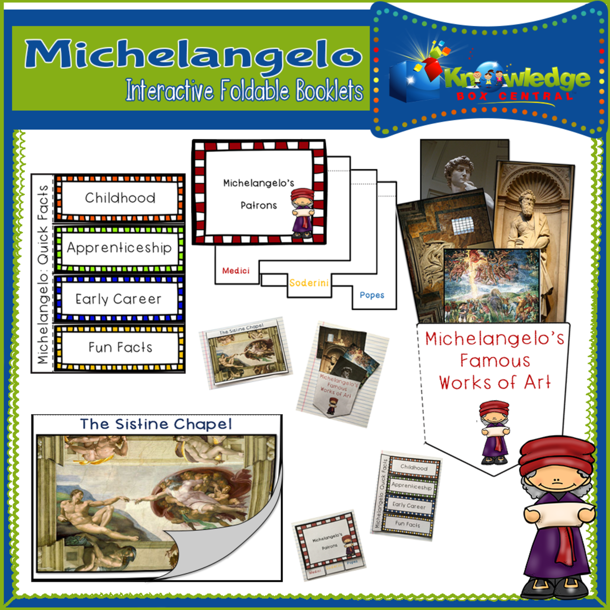 An educational teaching resource from Knowledge Box Central entitled Michelangelo Interactive Foldable Booklets – EBOOK downloadable at Teach Simple.