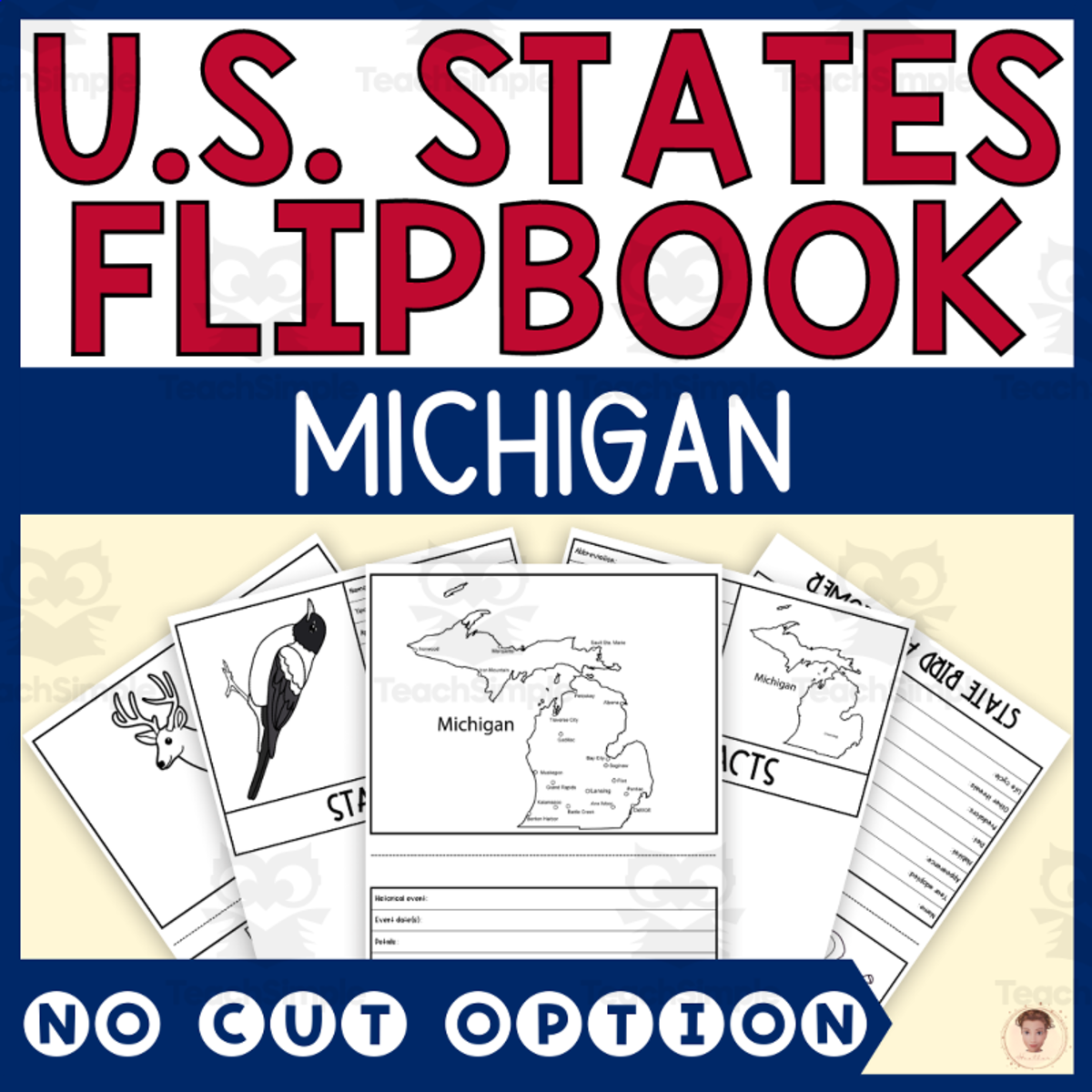 An educational teaching resource from Heather Huhman entitled Michigan State Flipbook (Capital, Bird, Flower, Flag, Animal) downloadable at Teach Simple.