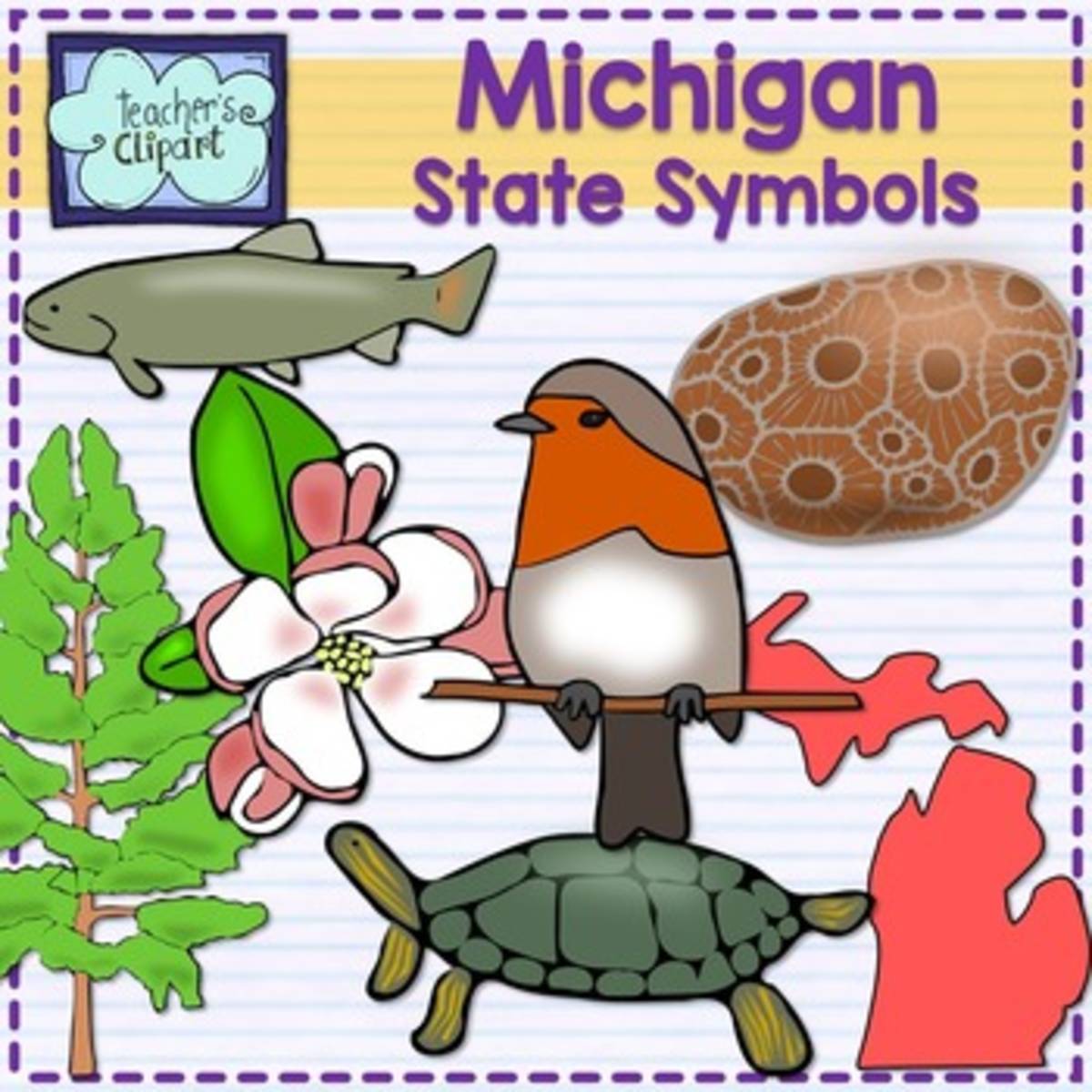 An educational teaching resource from Teacher's Clipart entitled Michigan State Symbols – Clip Art Set downloadable at Teach Simple.