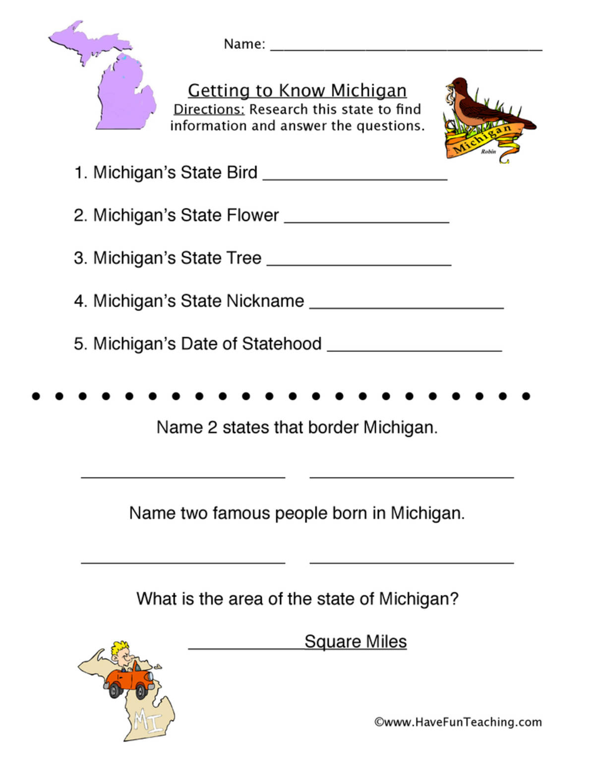 An educational teaching resource from Have Fun Teaching entitled Michigan Worksheet downloadable at Teach Simple.