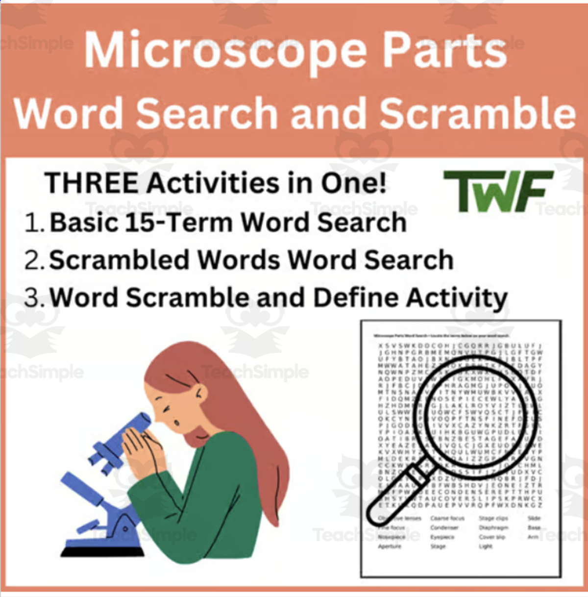 An educational teaching resource from Teach With Fergy entitled Microscope Parts Word Search and Scramble Activity downloadable at Teach Simple.