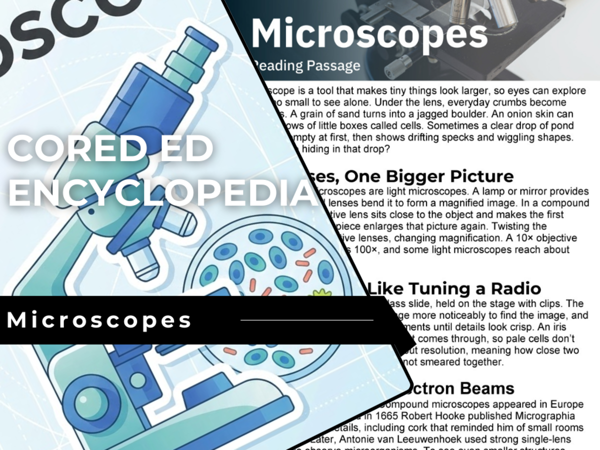 An educational teaching resource from Cored Education entitled Microscopes Reading Comprehension Passage - Cored Ed Encyclopedia downloadable at Teach Simple.