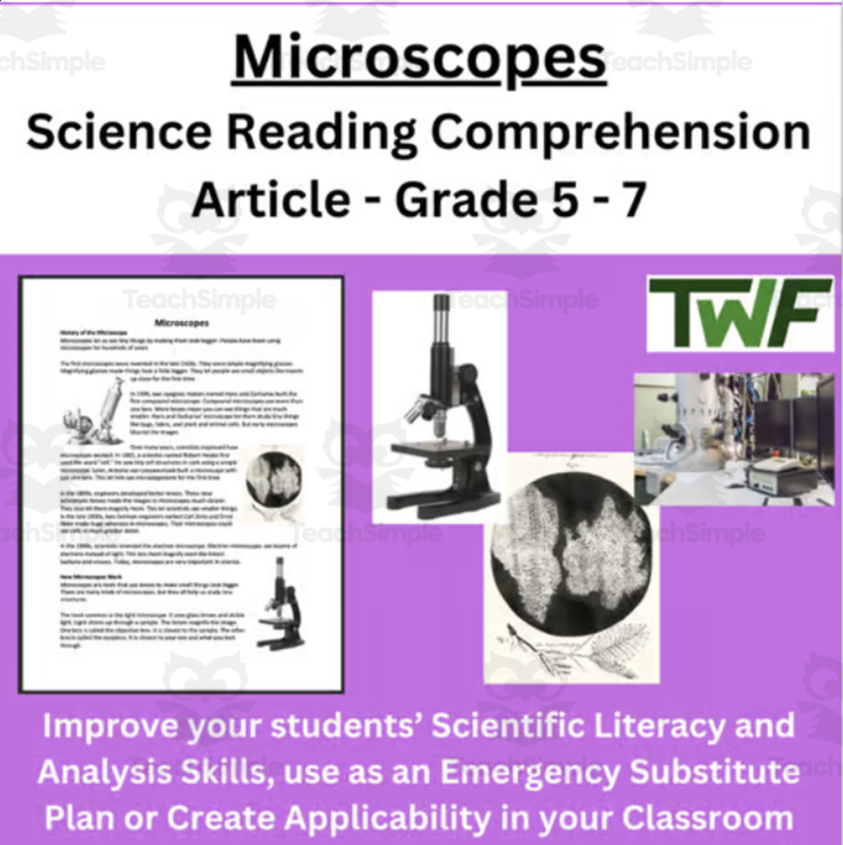 An educational teaching resource from Teach With Fergy entitled Microscopes - Science Reading Article - Grade 5-7 downloadable at Teach Simple.