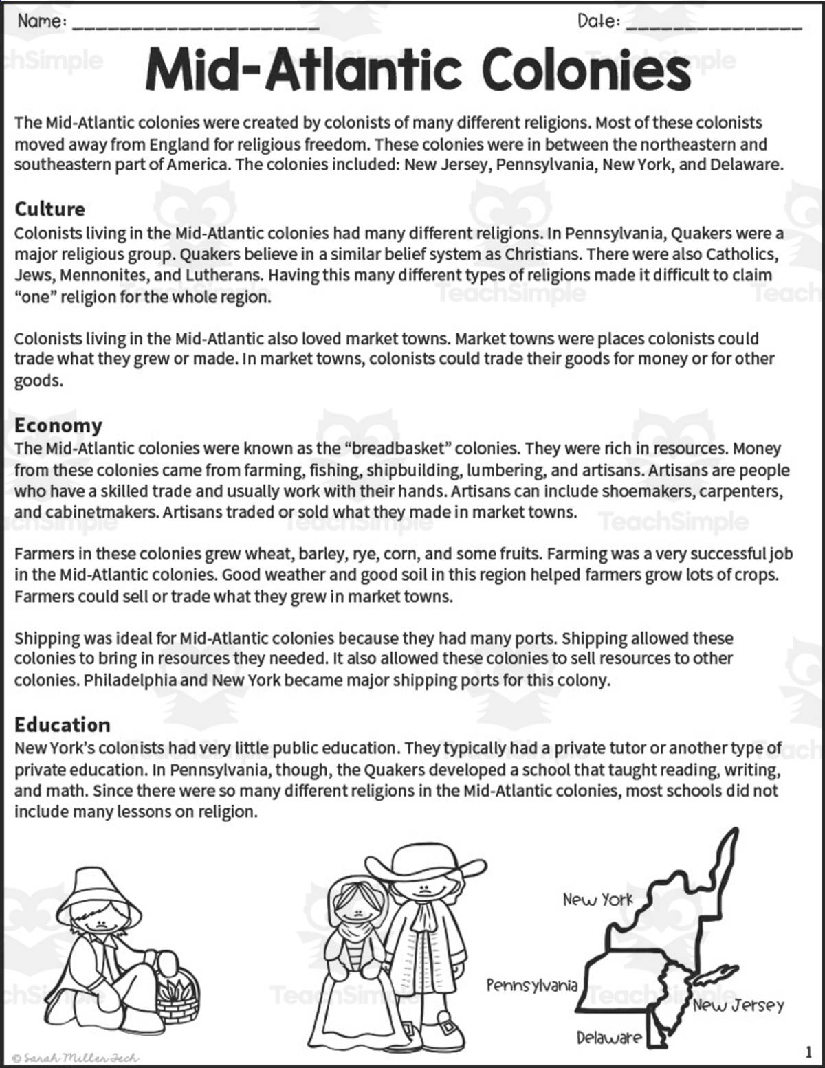An educational teaching resource from Sarah Miller Tech entitled Mid-Atlantic Colonies Reading Packet downloadable at Teach Simple.