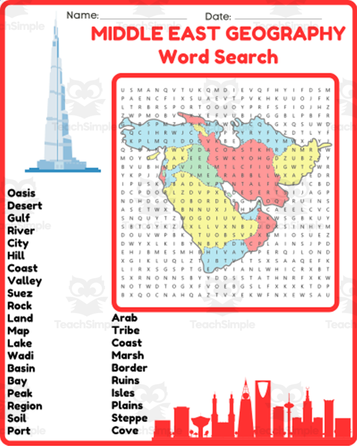 An educational teaching resource from space shope entitled MIDDLE EAST GEOGRAPHY Word Search Puzzle Worksheet Activity With Map downloadable at Teach Simple.