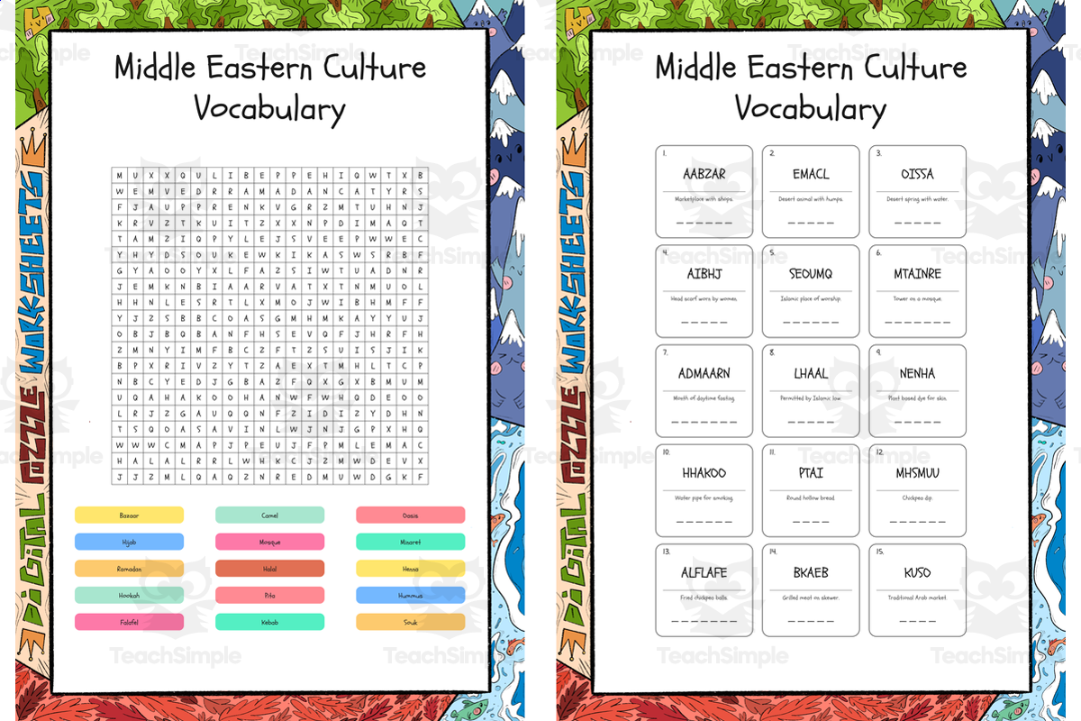 An educational teaching resource from Lapiiin Art Activities entitled Middle Eastern Culture Vocabulary word search, scramble and crossword downloadable at Teach Simple.