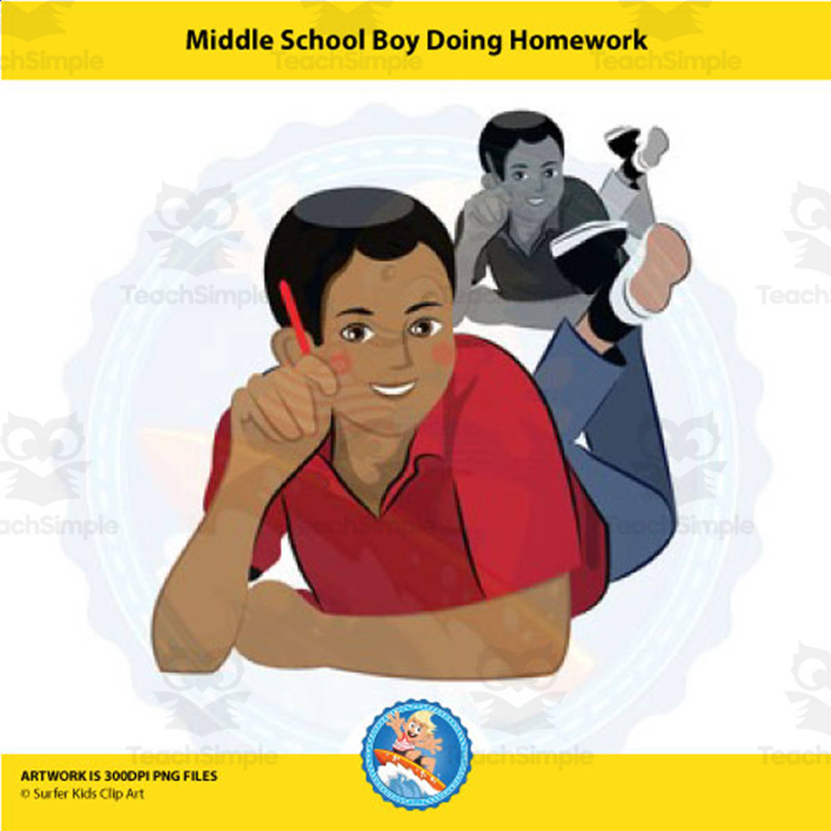 An educational teaching resource from Surfer Kids Clip Art entitled Middle School African American Boy Doing Homework Clipart downloadable at Teach Simple.