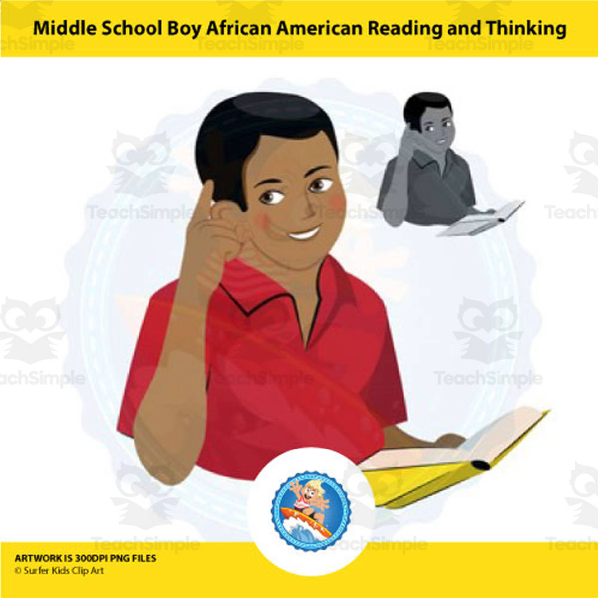 An educational teaching resource from Surfer Kids Clip Art entitled Middle School African American Boy With Book & Thinking Clipart downloadable at Teach Simple.