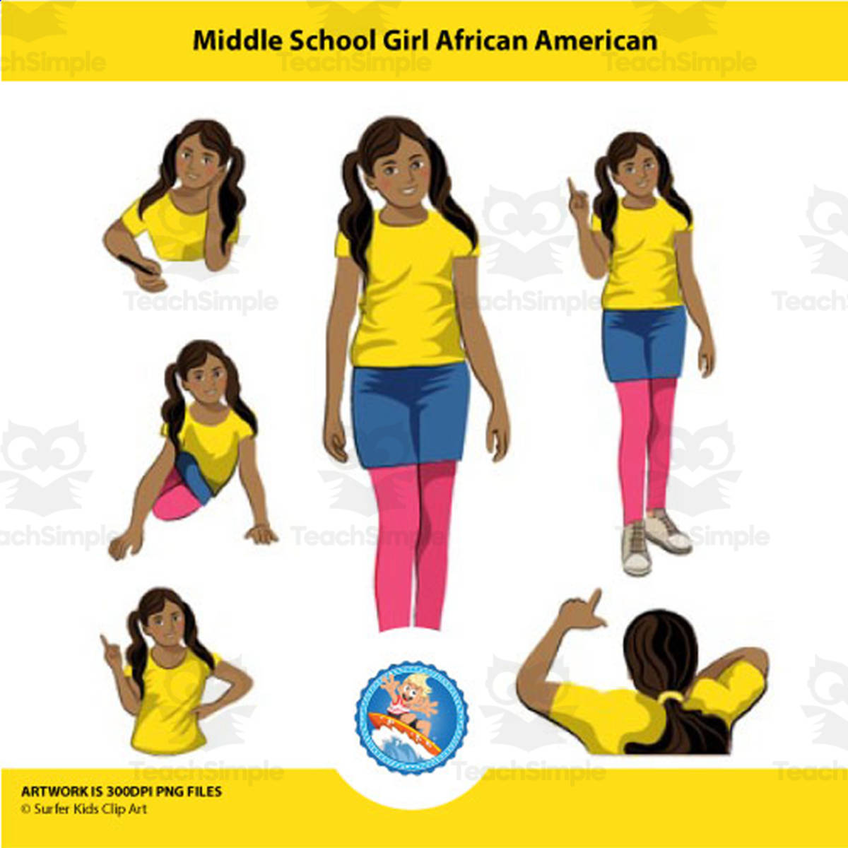 An educational teaching resource from Surfer Kids Clip Art entitled Middle School African American Girl Clipart downloadable at Teach Simple.