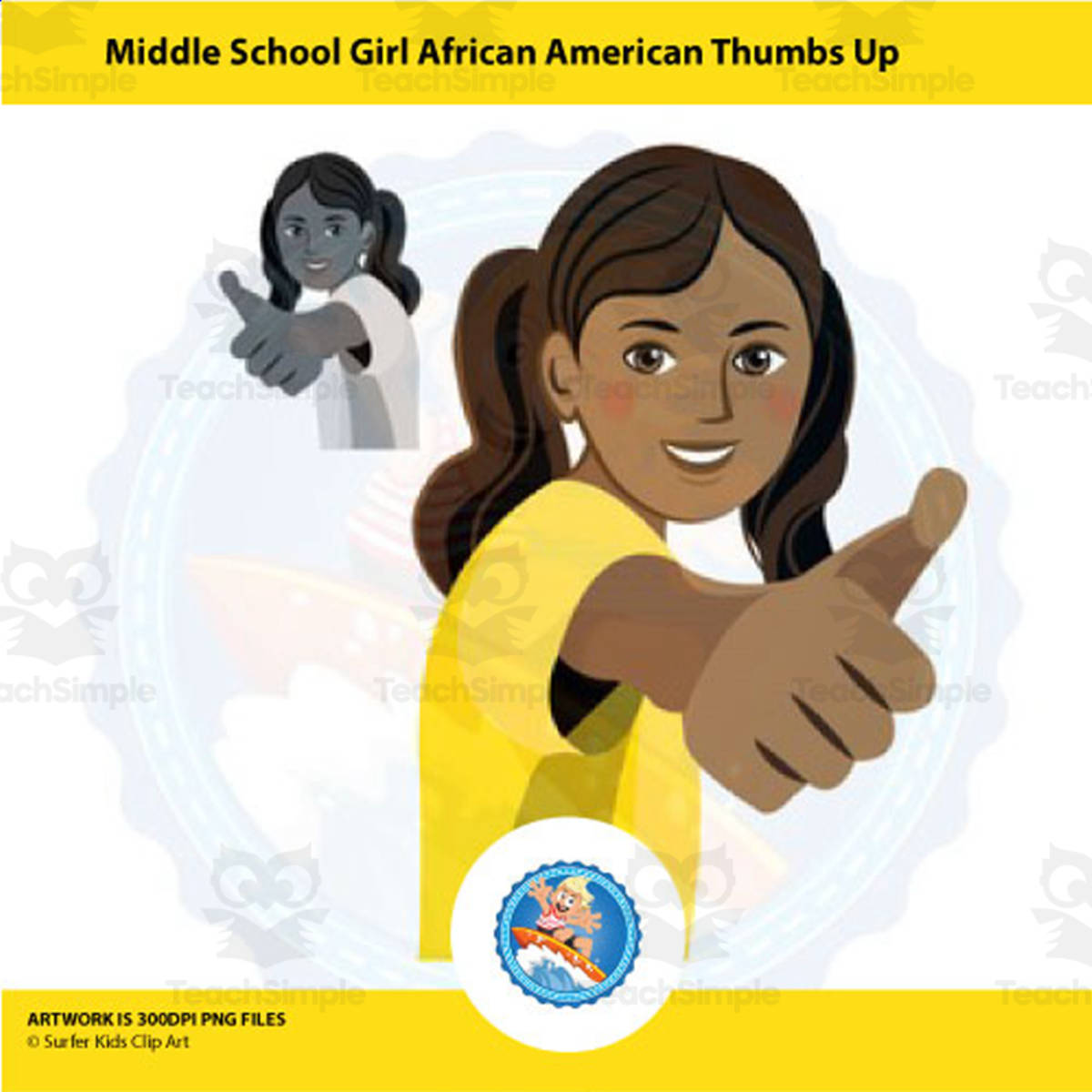 An educational teaching resource from Surfer Kids Clip Art entitled Middle School African American Girl Showing Thumbs Up Clipart downloadable at Teach Simple.