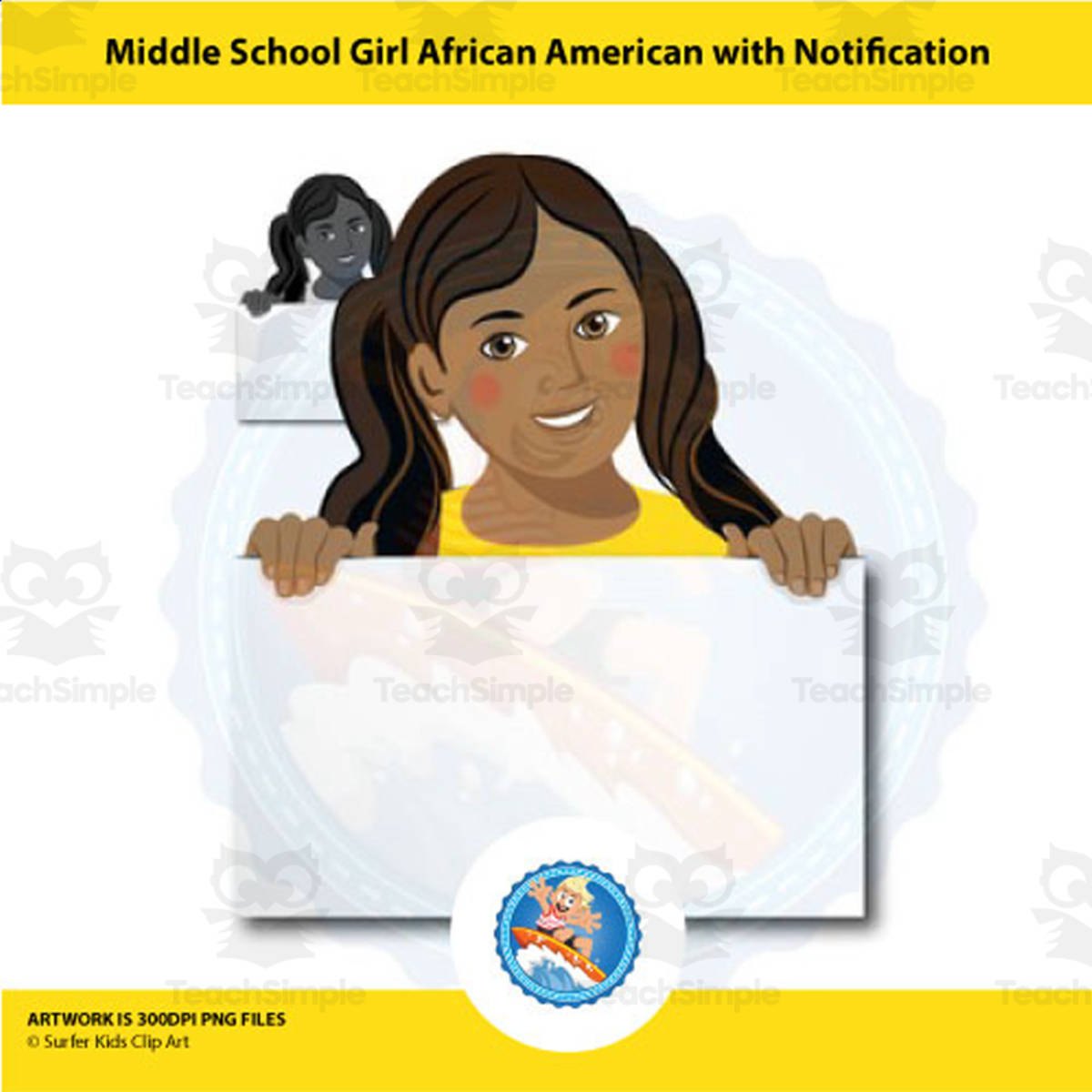 An educational teaching resource from Surfer Kids Clip Art entitled Middle School African American Girl with Notification Clipart downloadable at Teach Simple.
