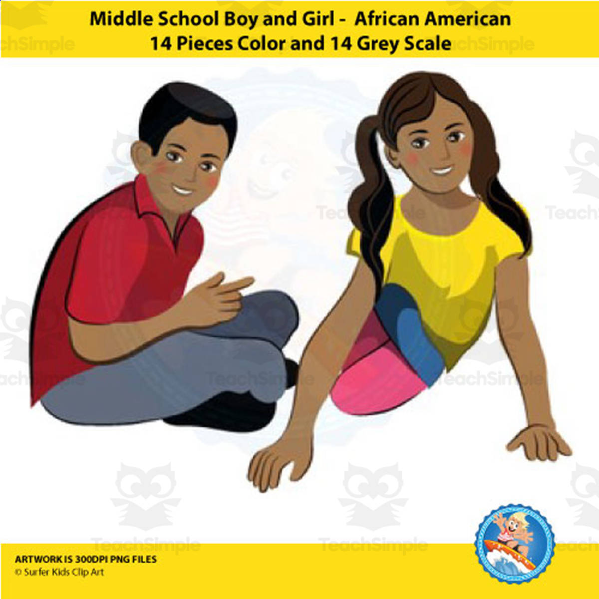 An educational teaching resource from Surfer Kids Clip Art entitled Middle School Clipart - African American Boy and Girl downloadable at Teach Simple.