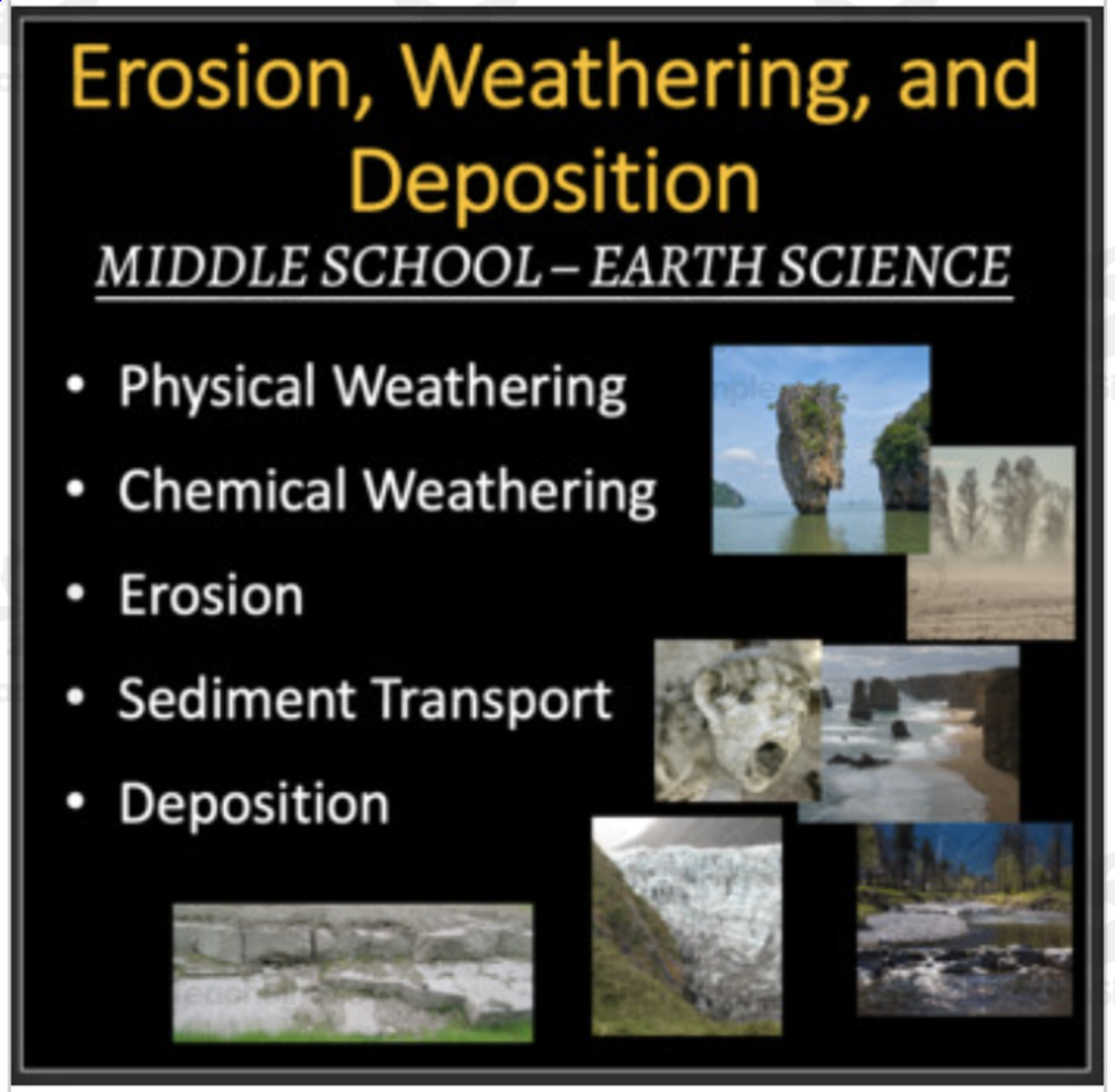 An educational teaching resource from Teach With Fergy entitled Middle School Earth Science Lesson: Weathering, Erosion, & Deposition downloadable at Teach Simple.