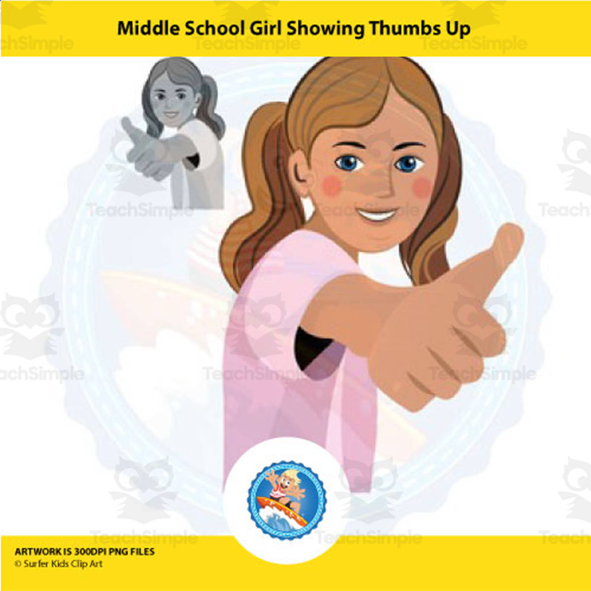 An educational teaching resource from Surfer Kids Clip Art entitled Middle School Girl Showing Thumbs Up Clipart downloadable at Teach Simple.